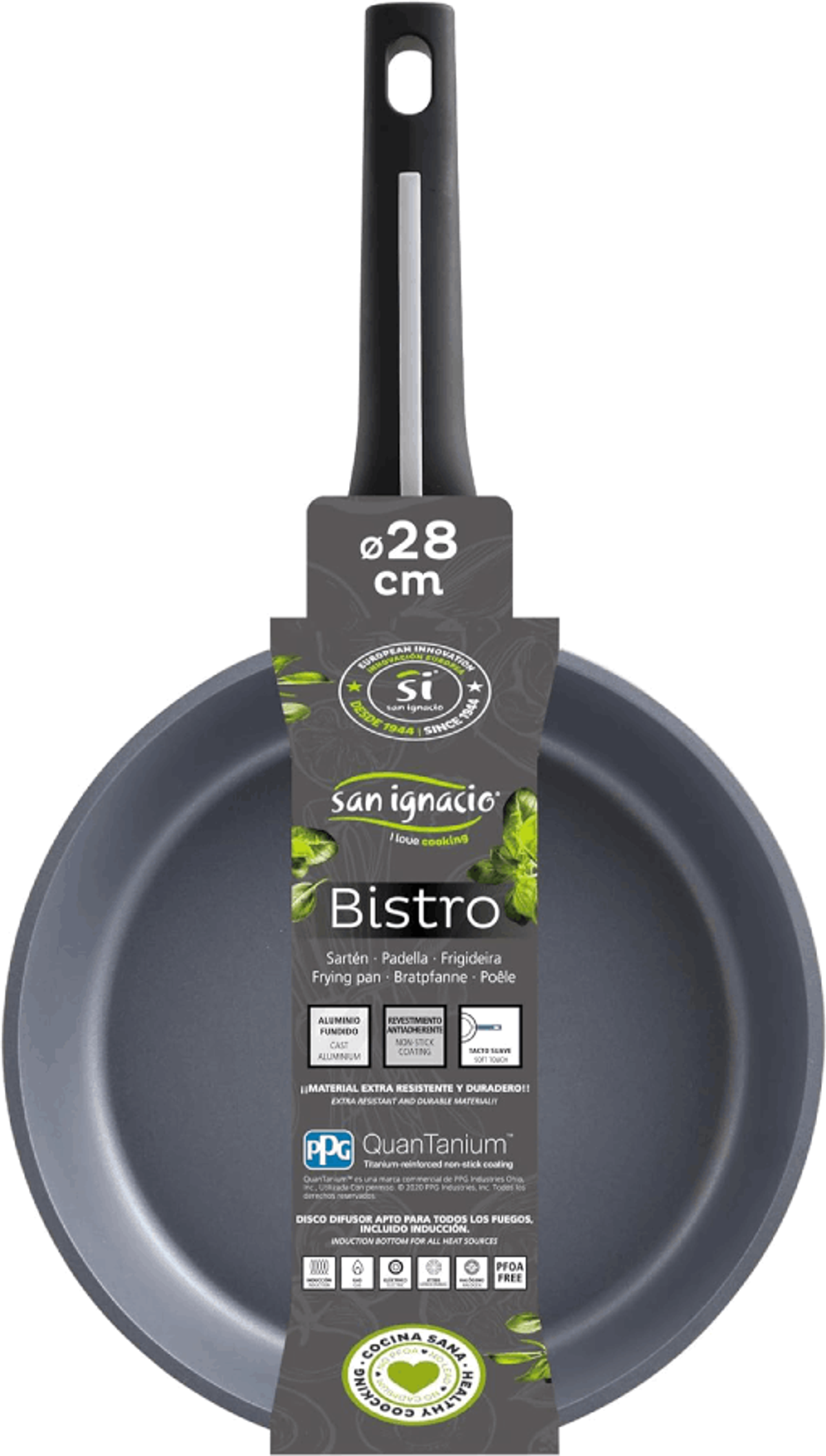 Una sartén gris con un mango negro y un diámetro de 28 cm. Tiene marca y texto.