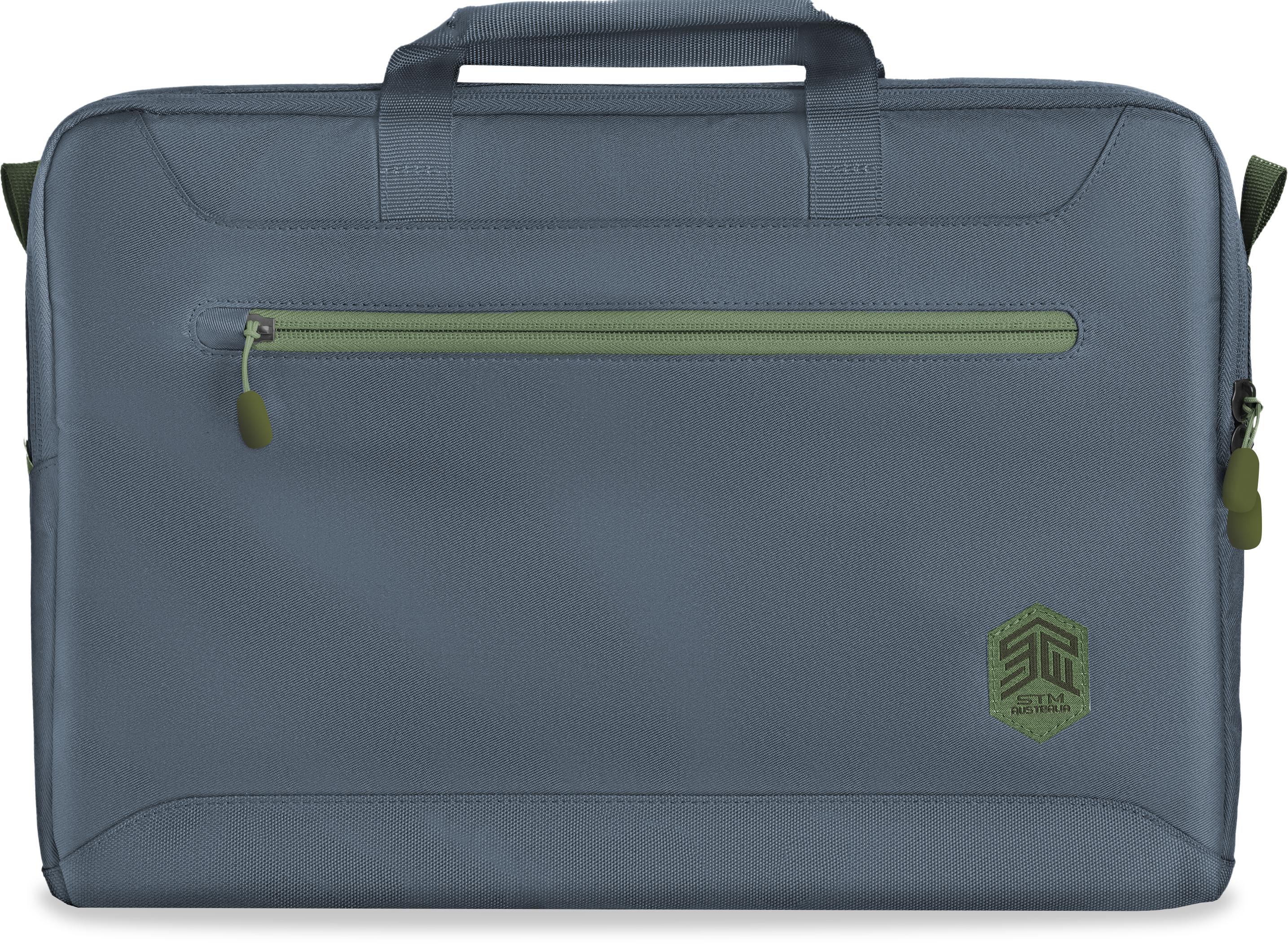 Blaugraue Laptoptasche mit grünem Reißverschluss und grünem Logo.