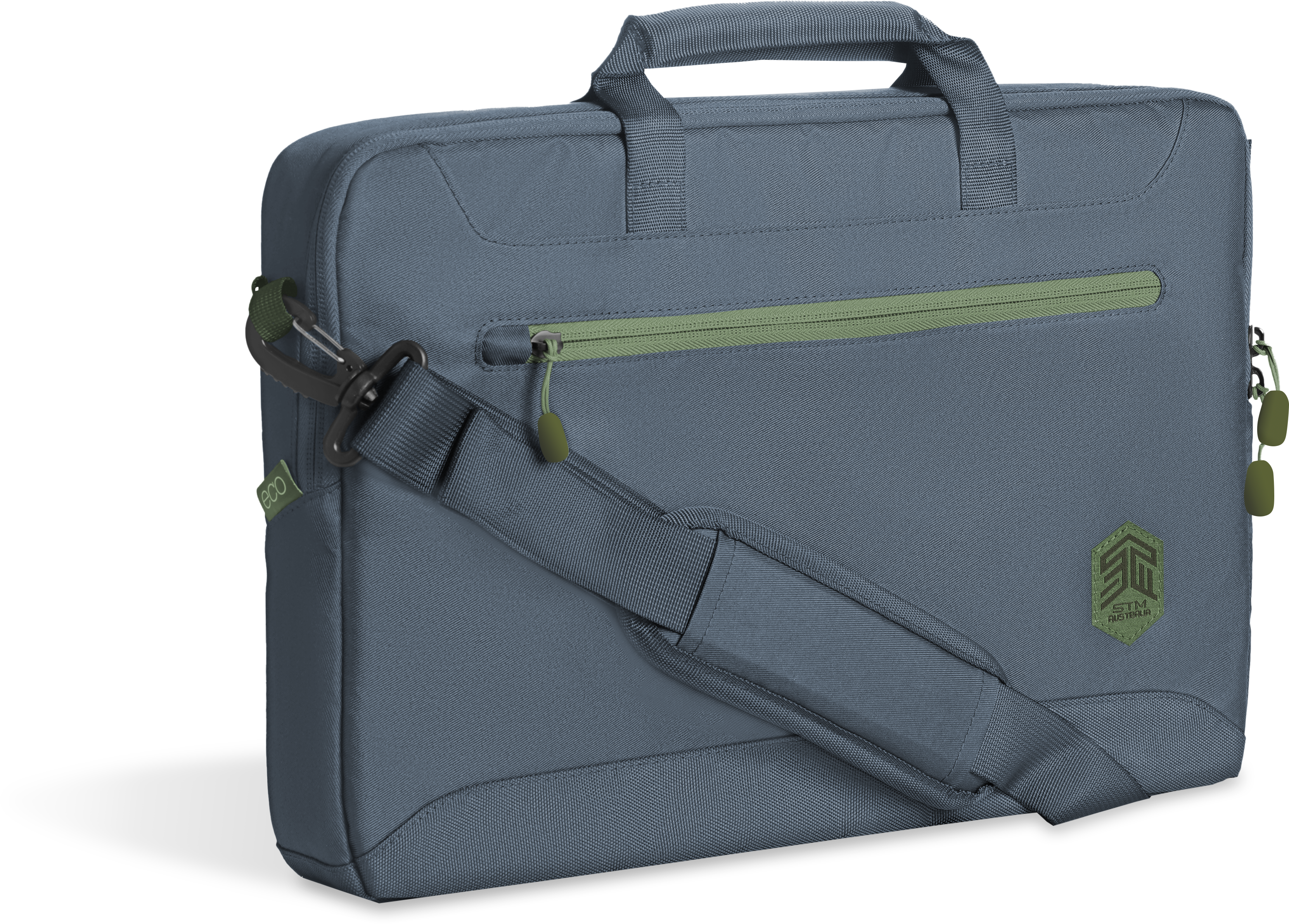 Blaue Laptoptasche mit grünem Reißverschluss und Griffakzenten. Grauer Hintergrund.