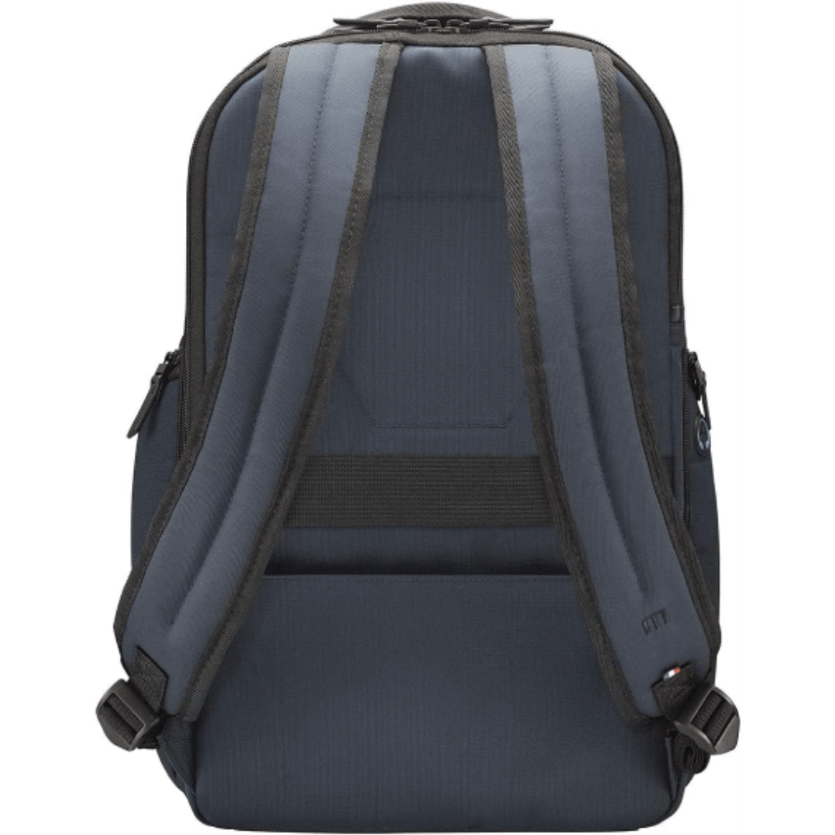 Una mochila azul marino con correas acolchadas para los hombros, vista desde la parte trasera.
