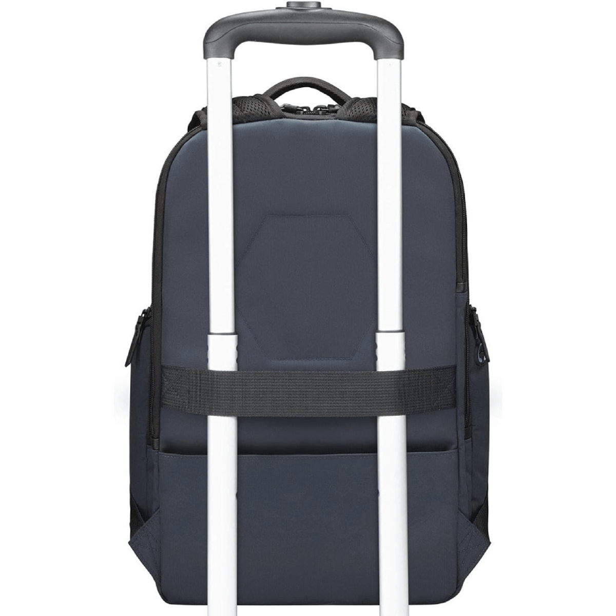 Vista trasera de una mochila azul oscuro con asa plateada extendida.