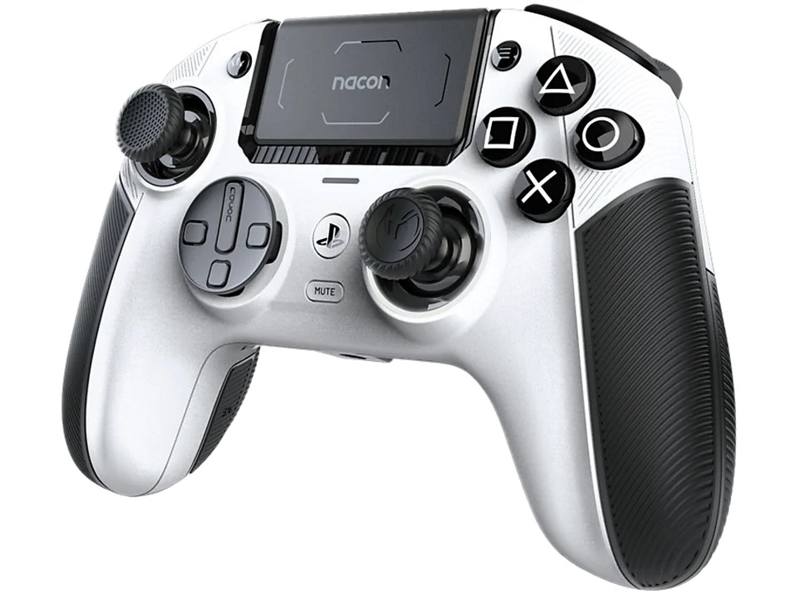 Weiß-schwarzer Controller. Enthält Knöpfe und Joysticks. Schwarz-weißer Hintergrund.