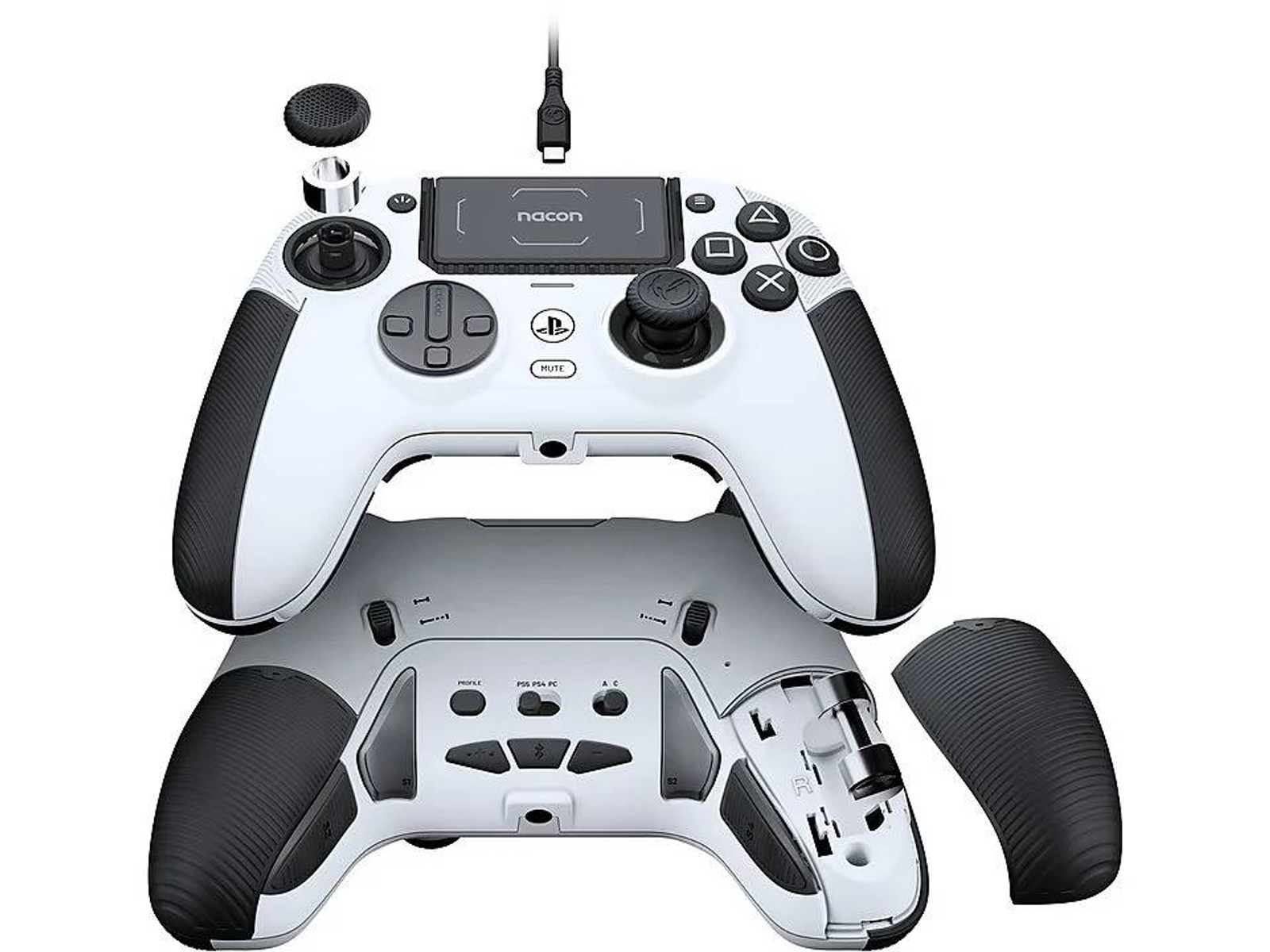 Weiß-schwarzer Gamecontroller, Teile getrennt. Schwarzes Kabel befestigt.