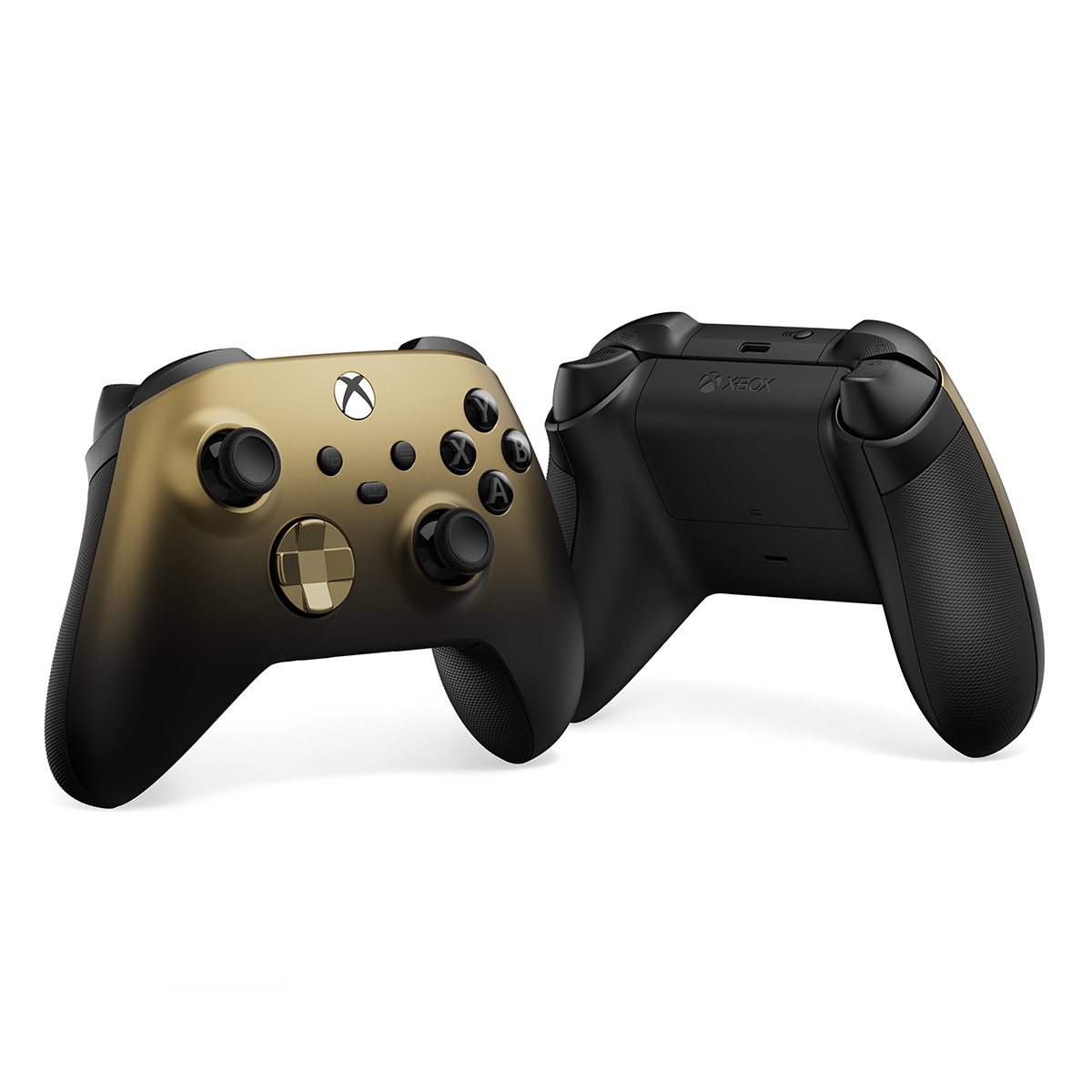 Zwei goldene und schwarze Xbox-Controller. Die Controller befinden sich auf weißem Hintergrund.