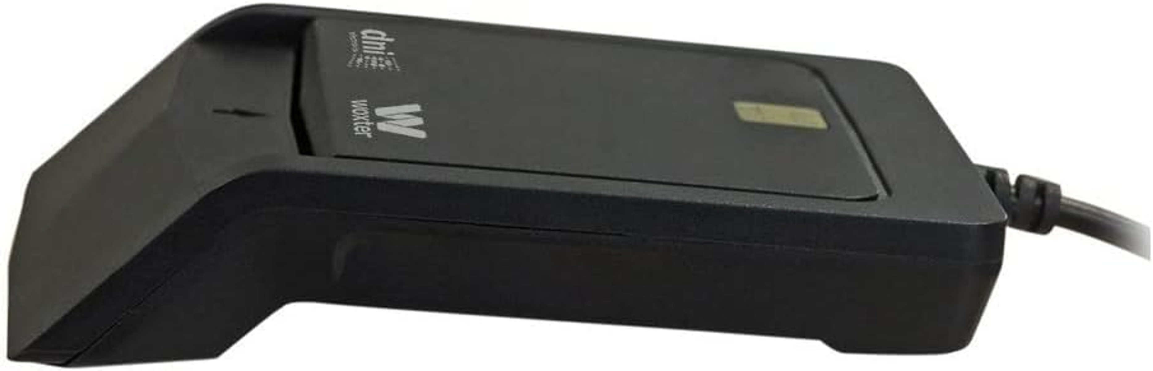 Lettore di schede nero con cavo, vista angolata con un piccolo logo.
