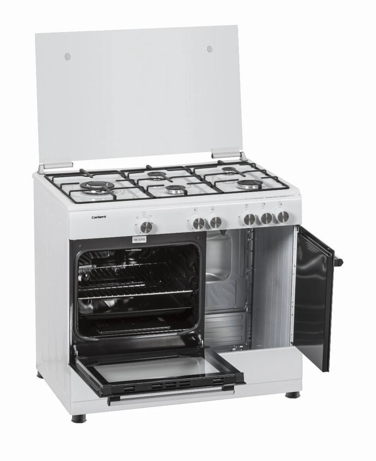Cocina de gas blanca y abierta con horno y cuatro quemadores. La puerta del horno y la tapa están abiertas.