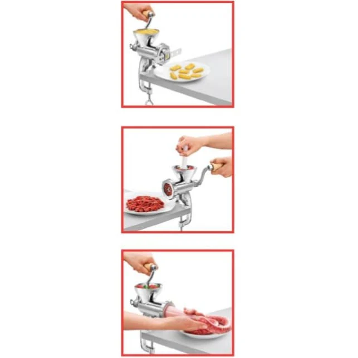 Seria zdjęć pokazujących maszynkę do mięsa w użyciu, w różnych etapach procesu.