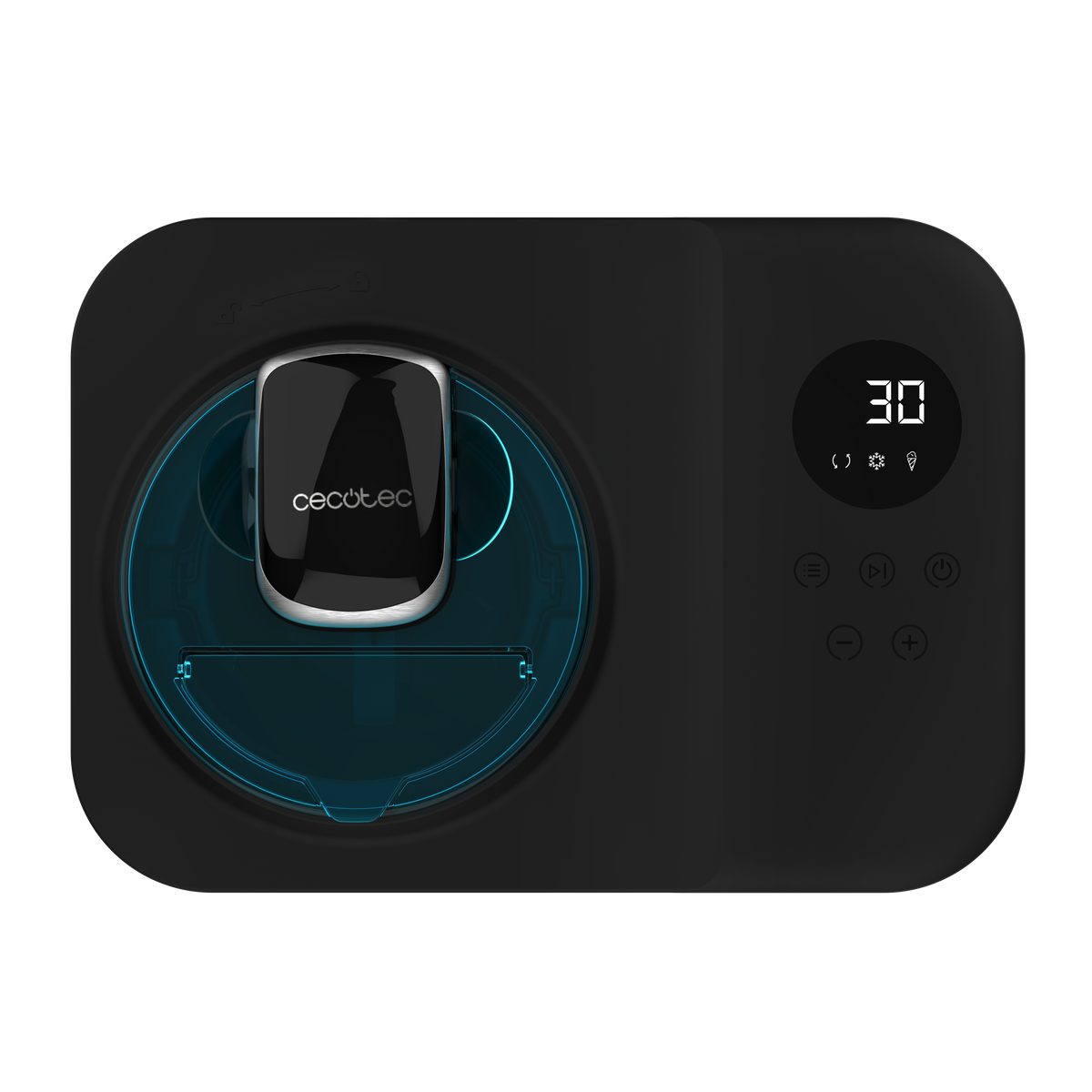 Czarne urządzenie z wyświetlaczem cyfrowym i przyciskami sterowania. Niebieskie podświetlenie.