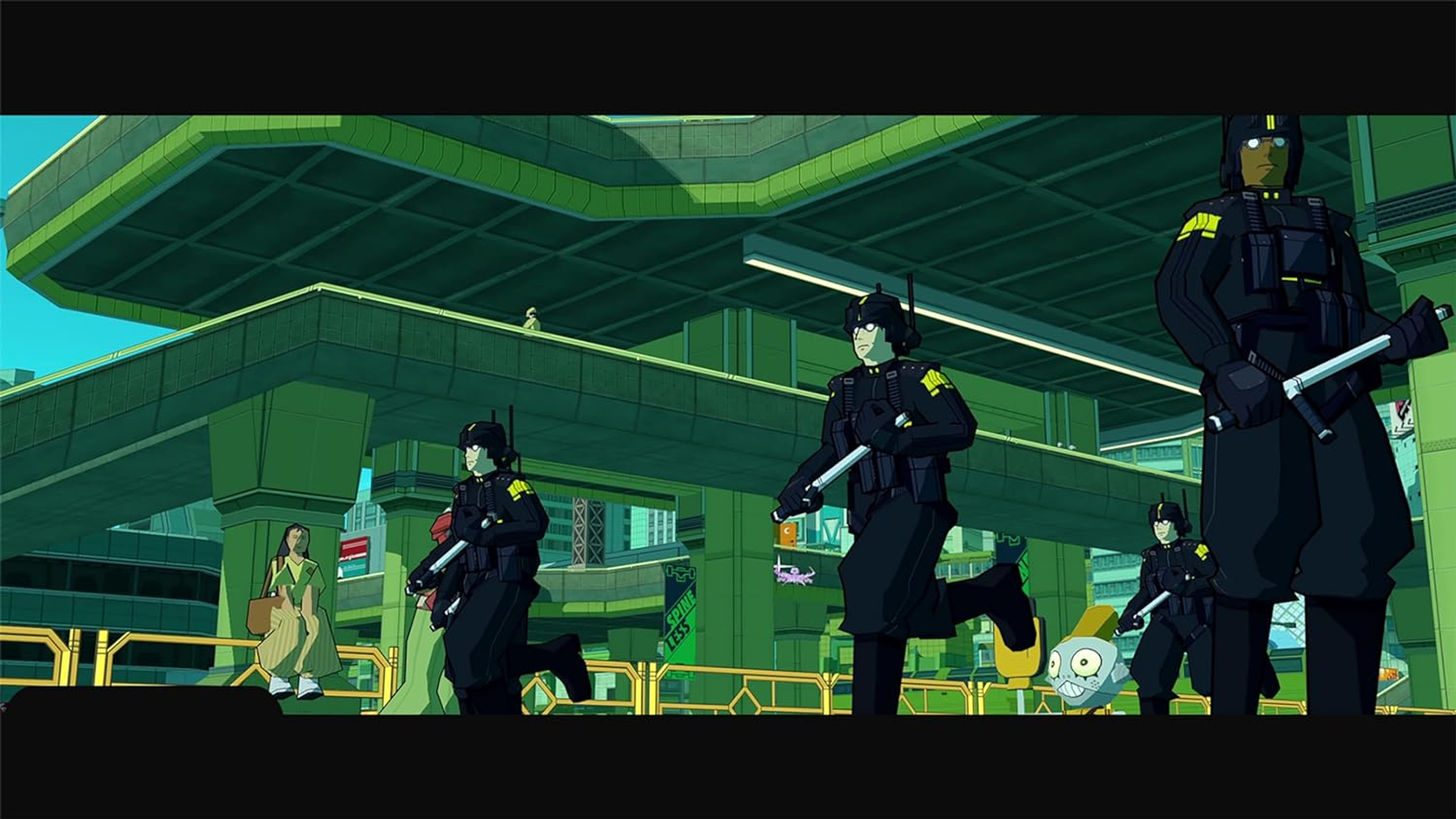 Una escena estilo anime con figuras en uniformes negros corriendo bajo un puente verde. Ciudad de fondo.