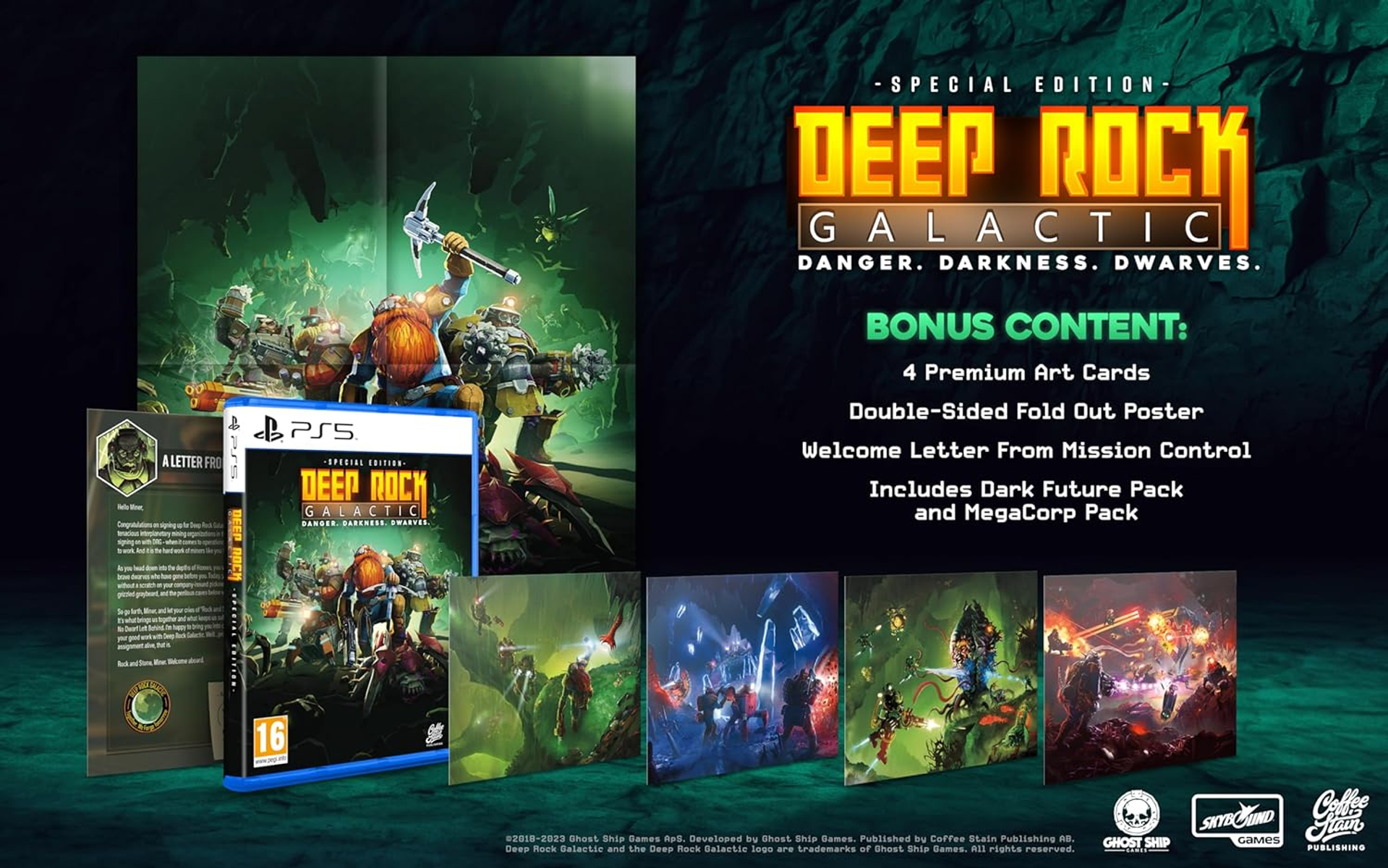Deep Rock Galactic Special Edition, pudełko z grą i zawartość bonusowa, z grafiką.