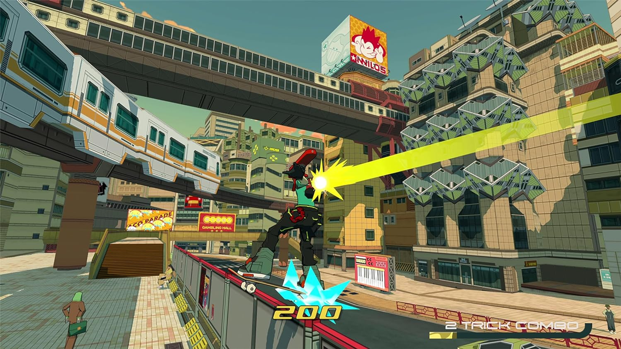 Una escena de juego futurista con un personaje en monopatín en una ciudad vibrante.
