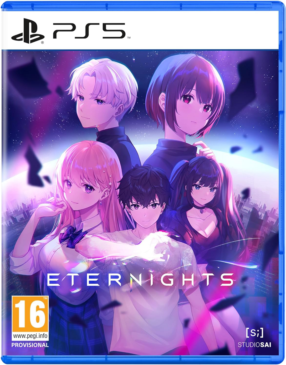 Pudełko gry PS5 z postaciami z anime. Gra to "Eternights". Niebieska obudowa.
