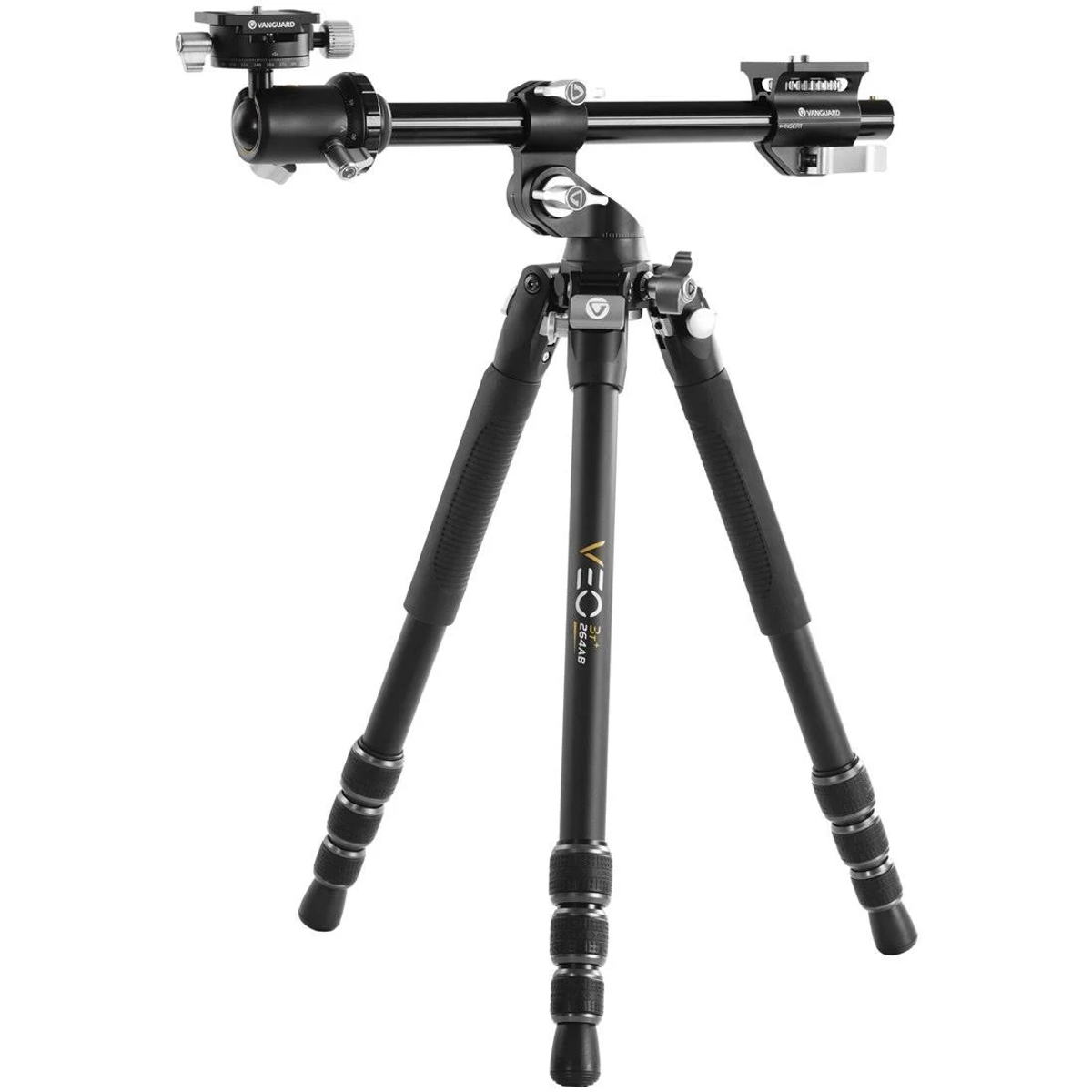 Stativ mit schwarzem und silbernem Design. Inklusive Kugelkopf und drei Beinen. Vanguard VEO 2SAB Modell.