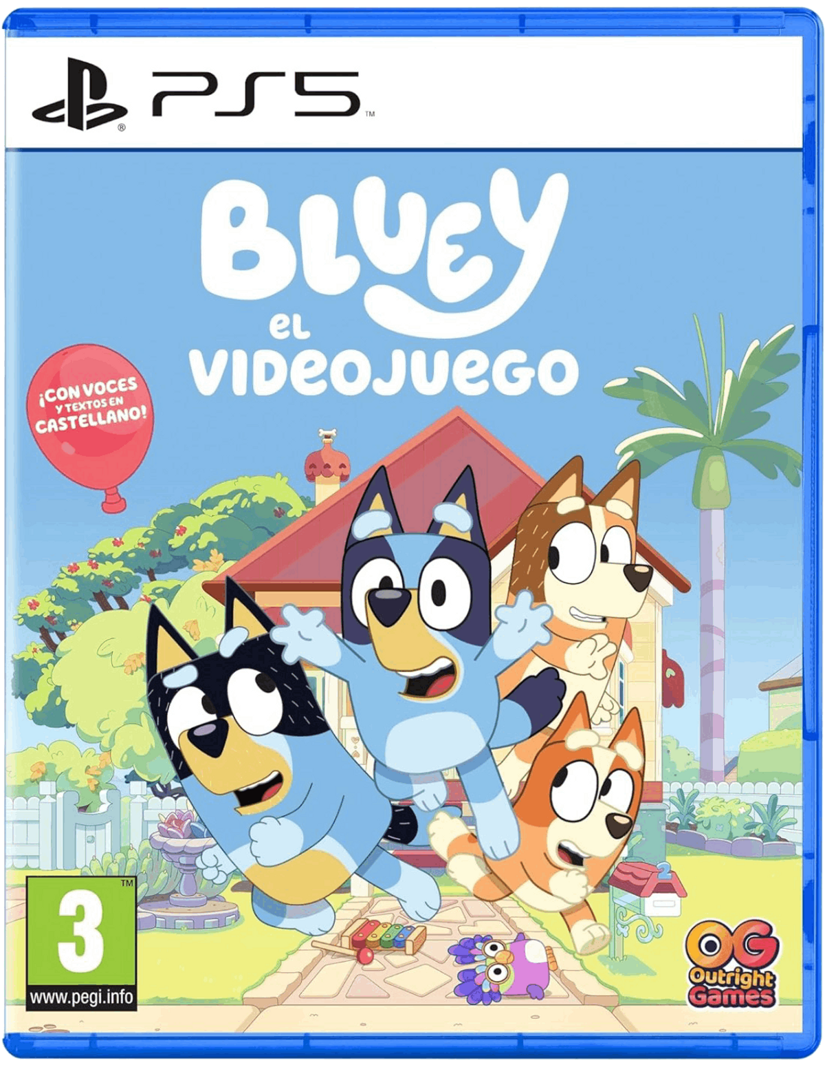 Pudełko gry PS5 dla 'Bluey el Videojuego' z Bluey i jej przyjaciółmi.