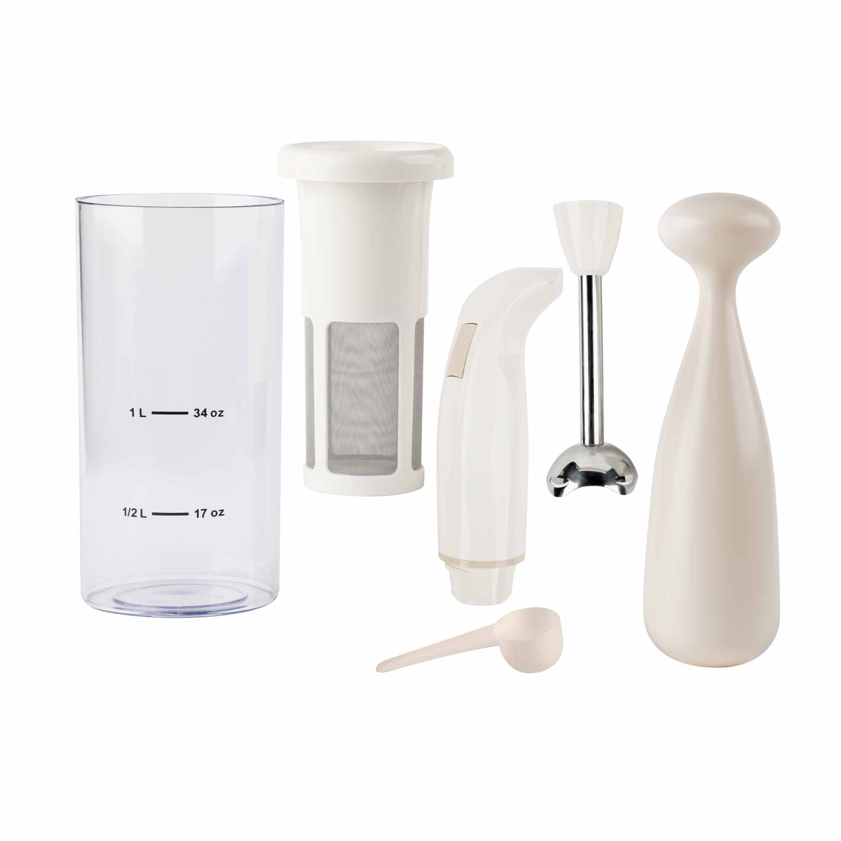 Set frullatore a immersione: contenitore trasparente, componenti e accessori bianchi.