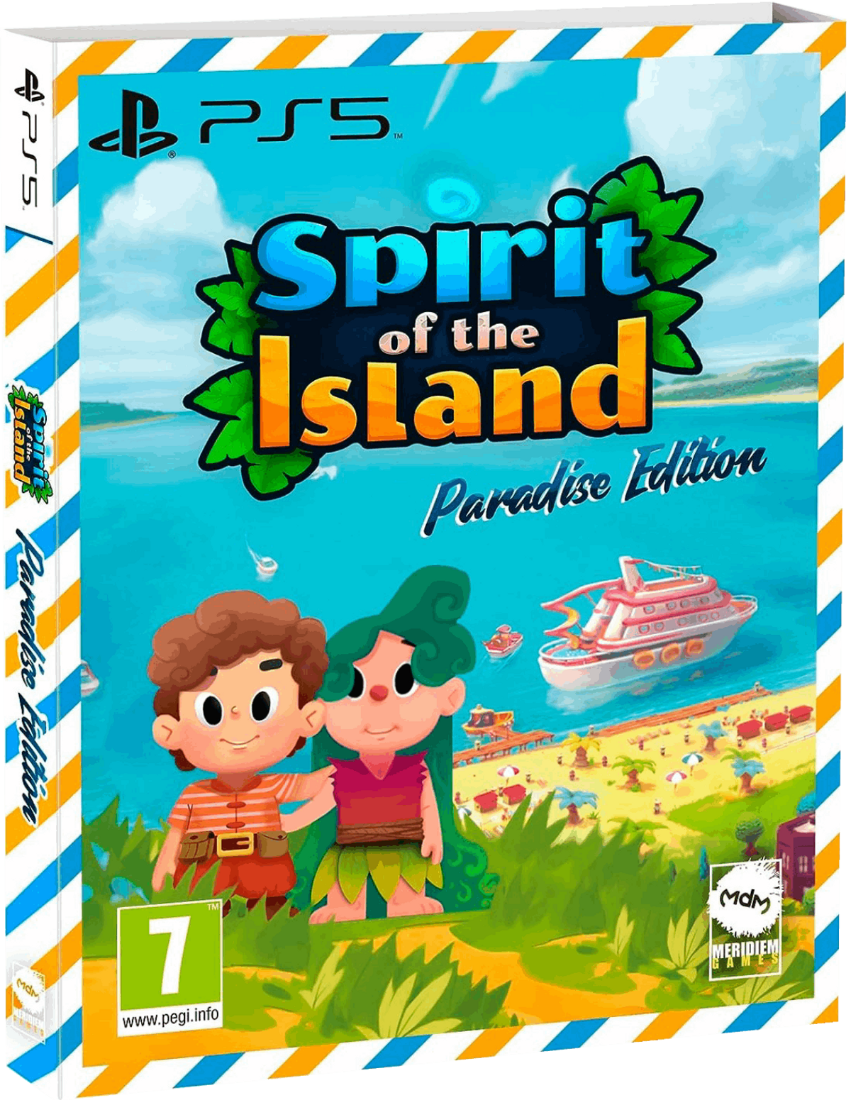 Scatola di gioco con due personaggi dei cartoni animati, una barca e le parole 'Spirit of the Island'.