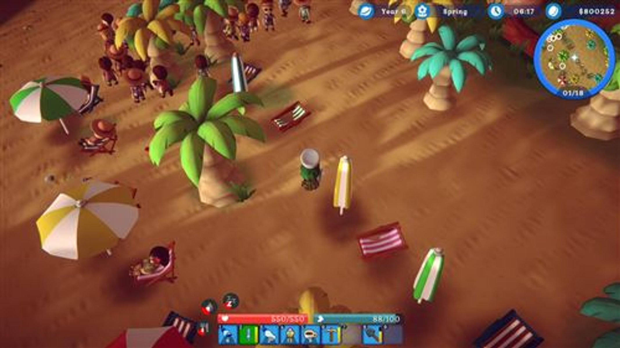 Vista dall'alto di una scena di spiaggia a cartoni animati con persone, ombrelloni e palme.