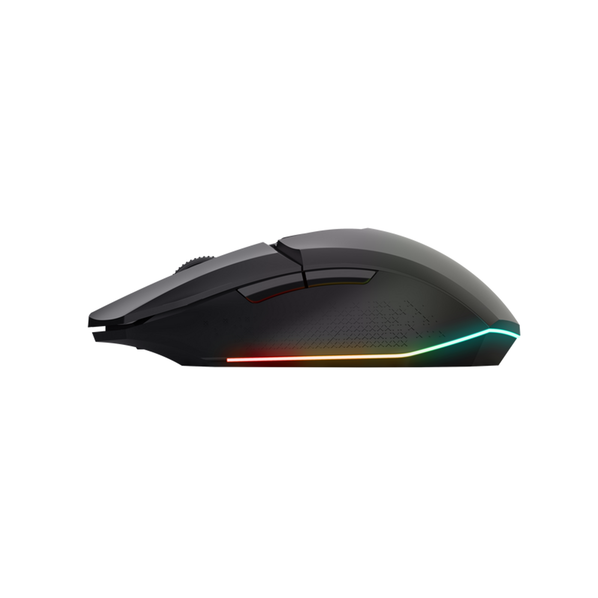 Ratón gaming negro, con luces RGB, fondo negro, vista lateral.