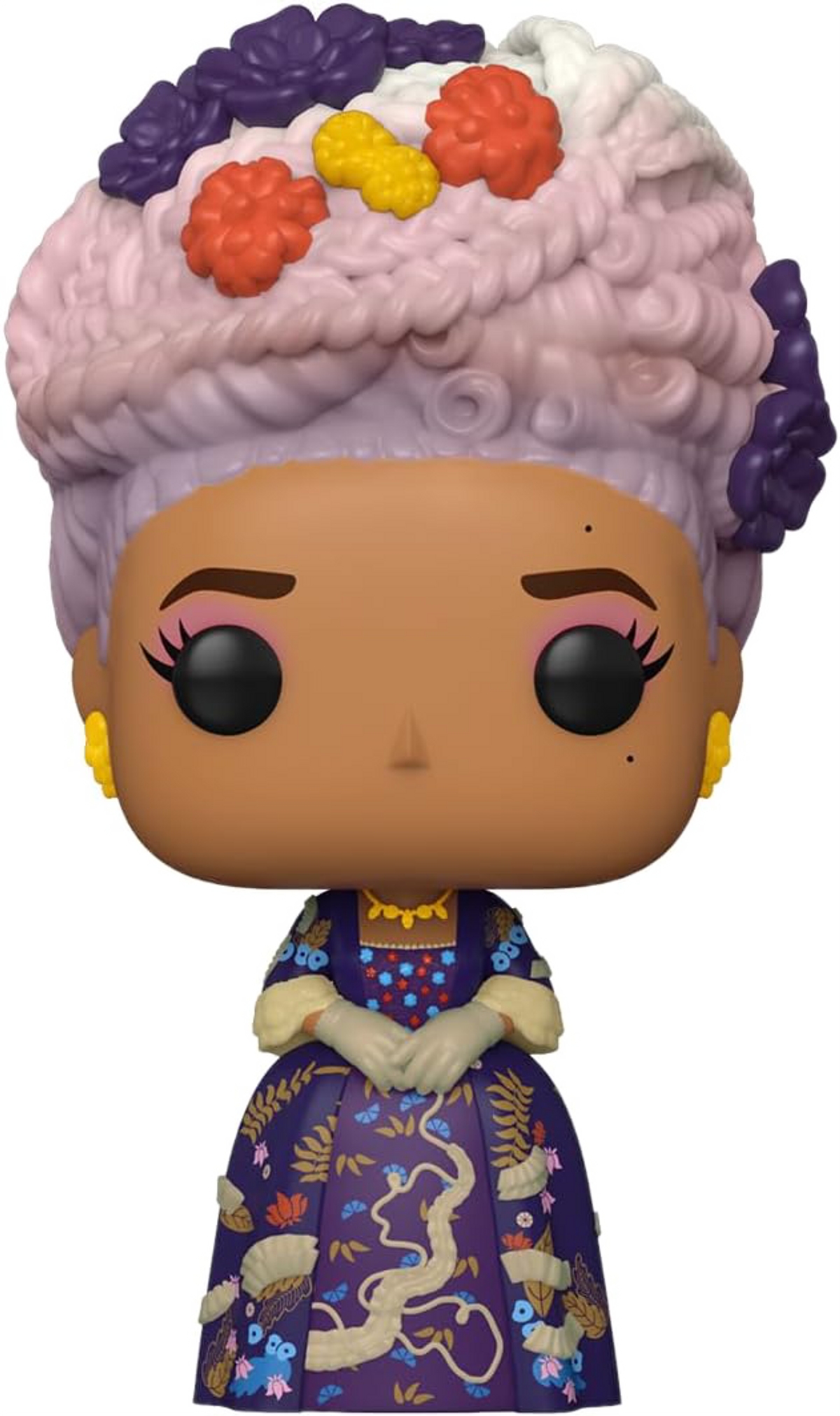 Una figura Funko Pop de una mujer con un vestido morado y una peluca alta. Ojos negros y pendientes amarillos.