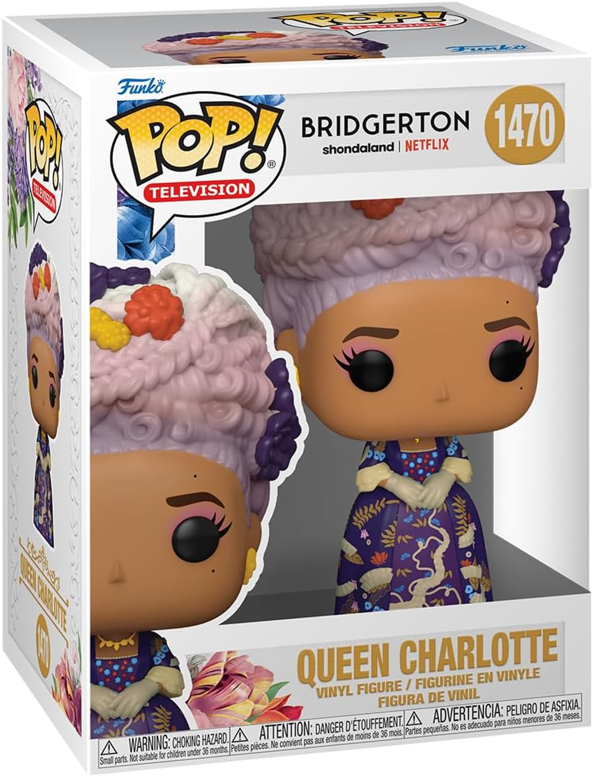 Figura Funko Pop de la Reina Charlotte de Bridgerton, en embalaje. Muestra dos figuras.