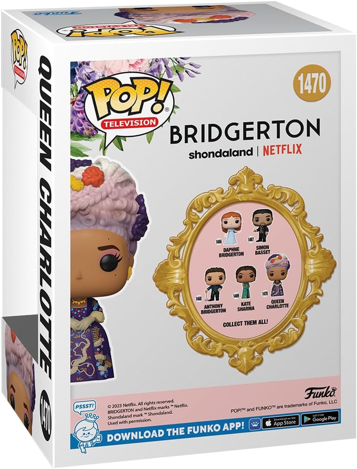 Caja de figura Funko Pop! de la Reina Charlotte, con figuras en la parte trasera.