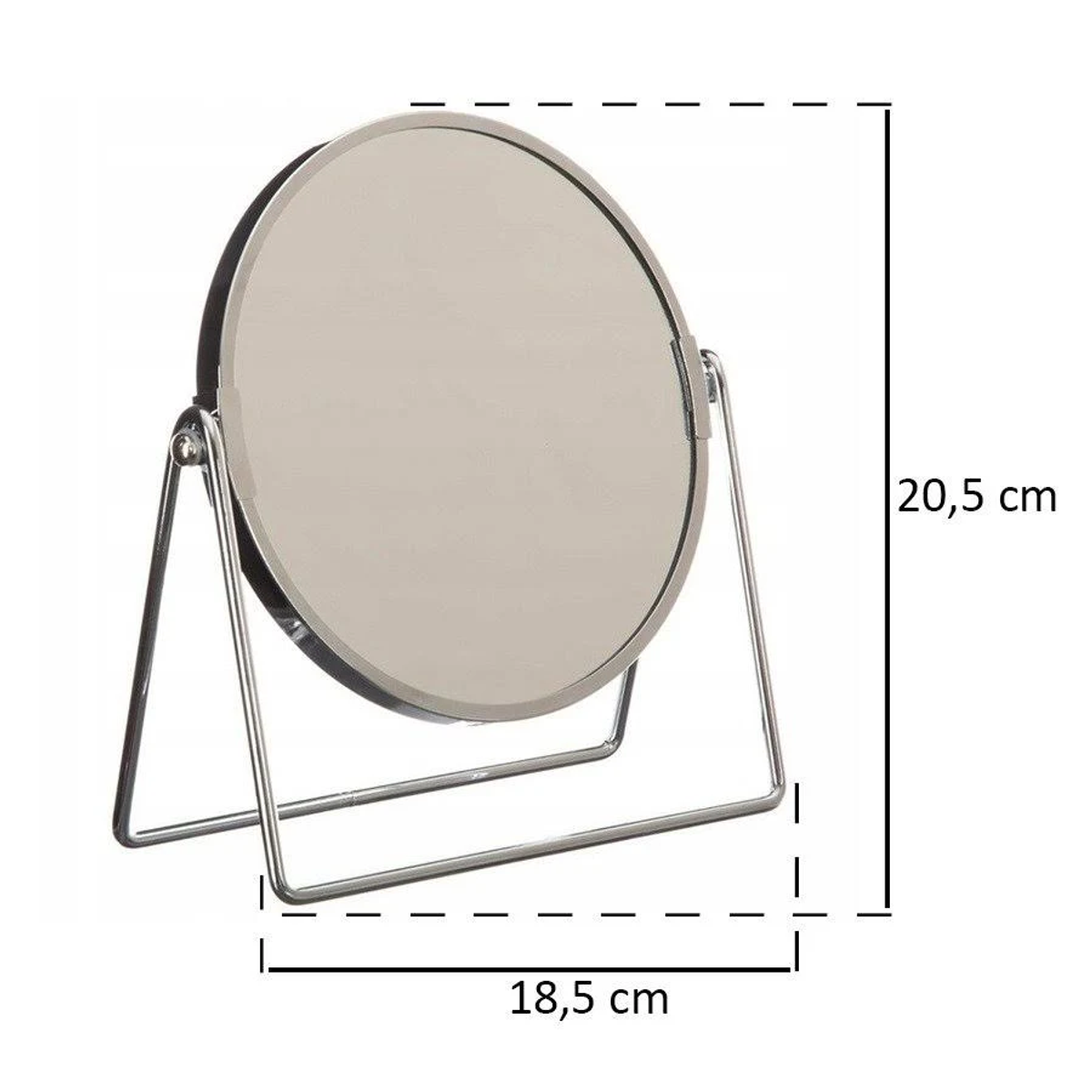 Specchio rotondo con cornice argentata, su supporto. Le dimensioni sono indicate.