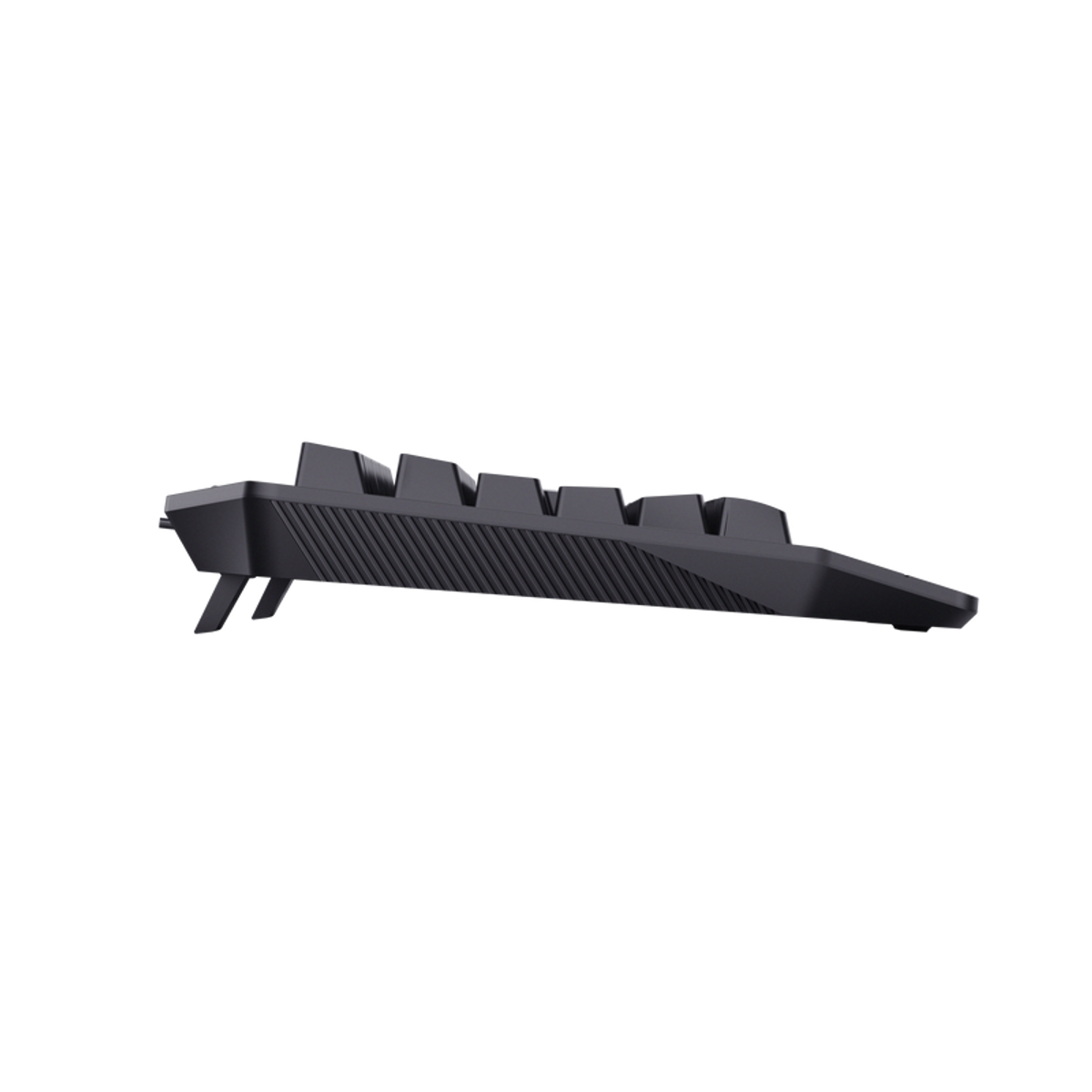 Il lato inferiore di una tastiera nera, angolato verso l'alto. Ha un design strutturato.