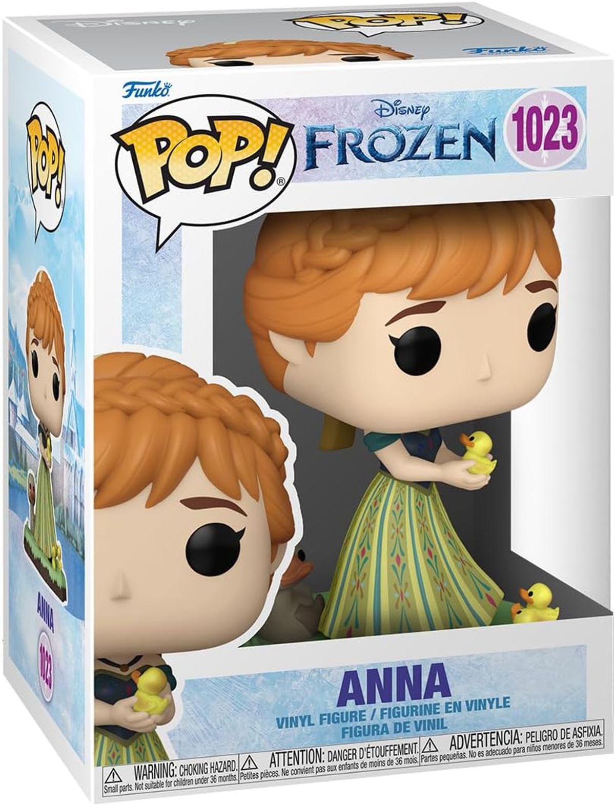 Figura de Anna Funko Pop en caja. Anna sostiene un patito de goma. La caja tiene imágenes de Anna y escena.