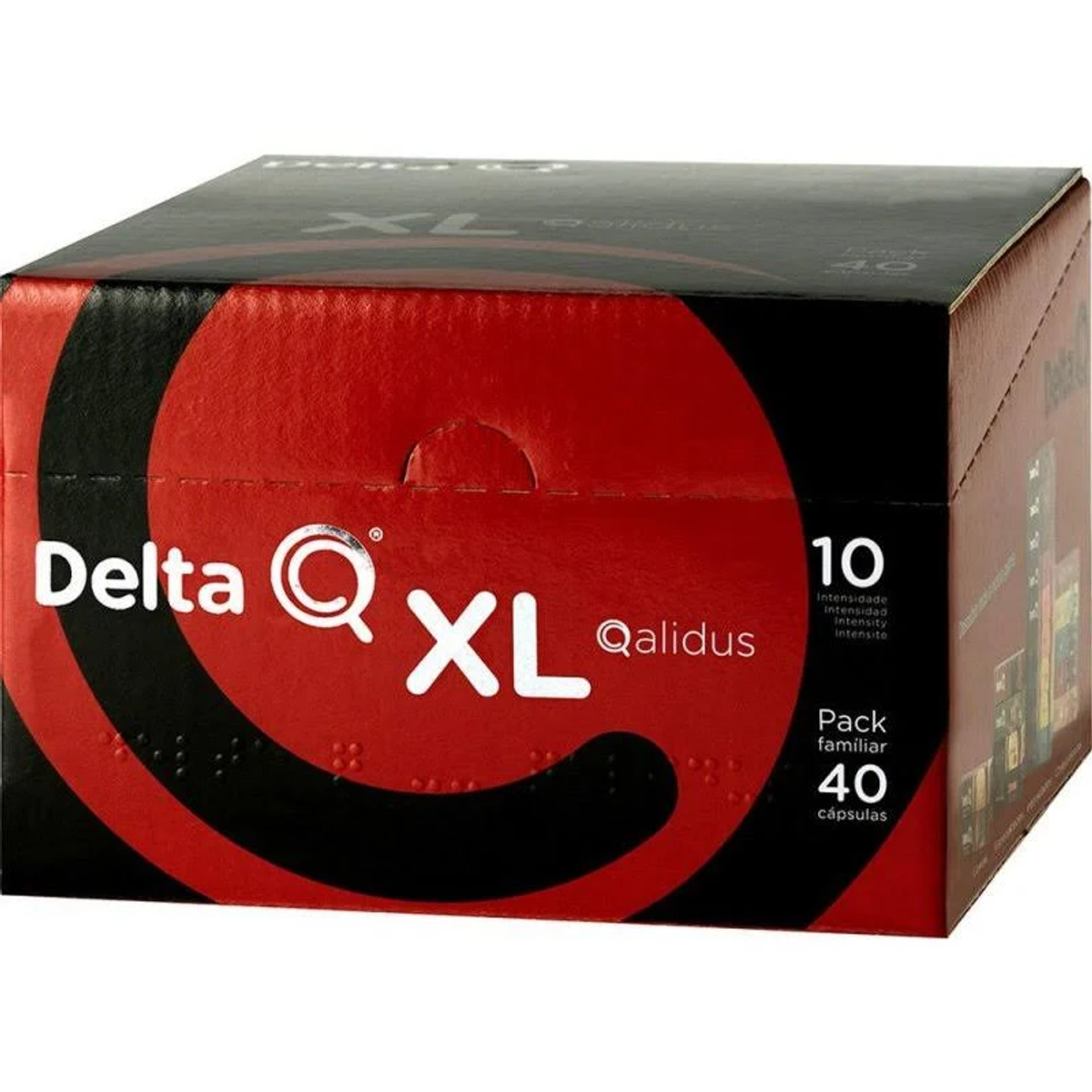 Scatola rossa e nera con testo Delta Q XL e Qalidius, 10 capsule.