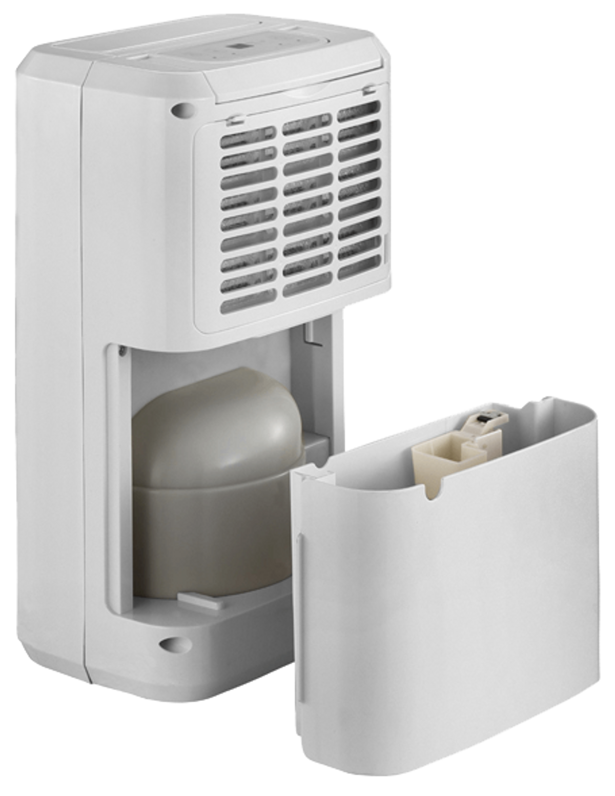 Deshumidificador blanco con contenedor de agua abierto y cubo extraíble.