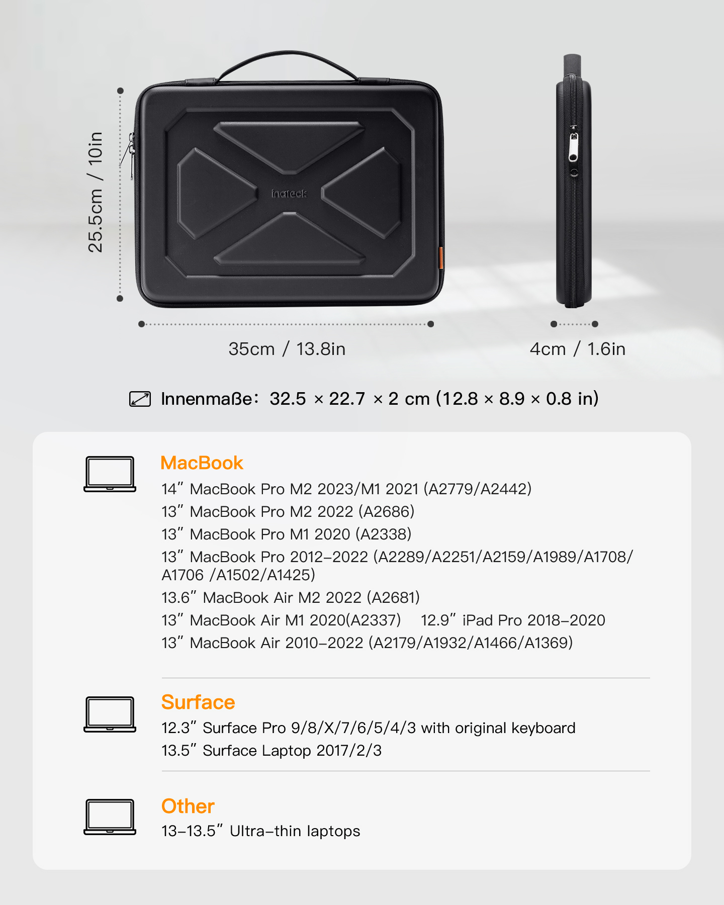Notebooktasche für EVA+PU, für Pro Pro, INATECK black Stoßfeste generisch Surface MacBook Laptoptasche MacBook 14 13 Air/Pro, Hülle Sleeve