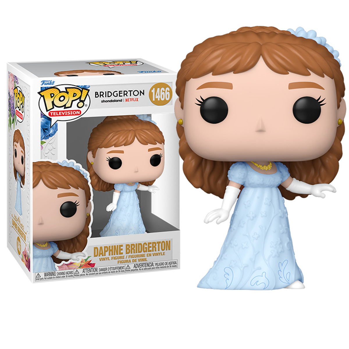 Figura Funko Pop di Daphne Bridgerton in abito azzurro, con scatola accanto.