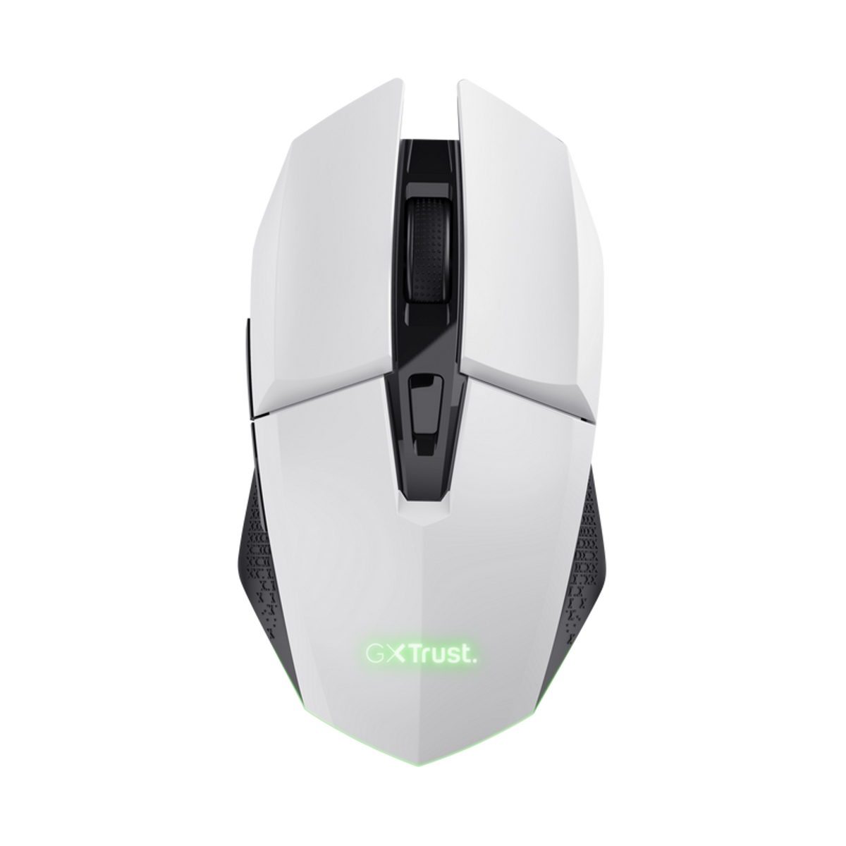 Un mouse da gioco bianco e nero con un logo verde brillante.