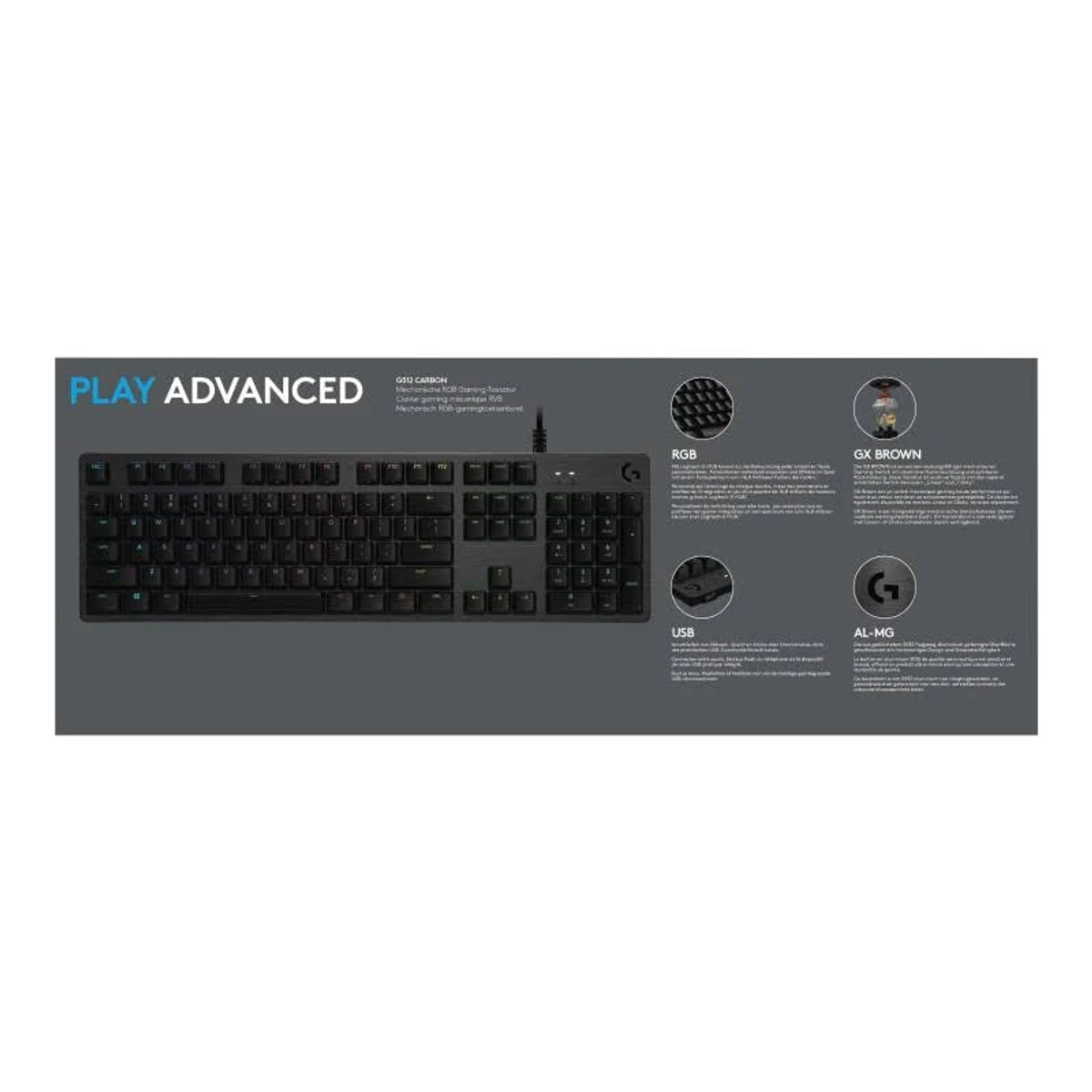 Czarna klawiatura gamingowa G512 Carbon z USB, przełącznikami GX Brown na szarym tle.