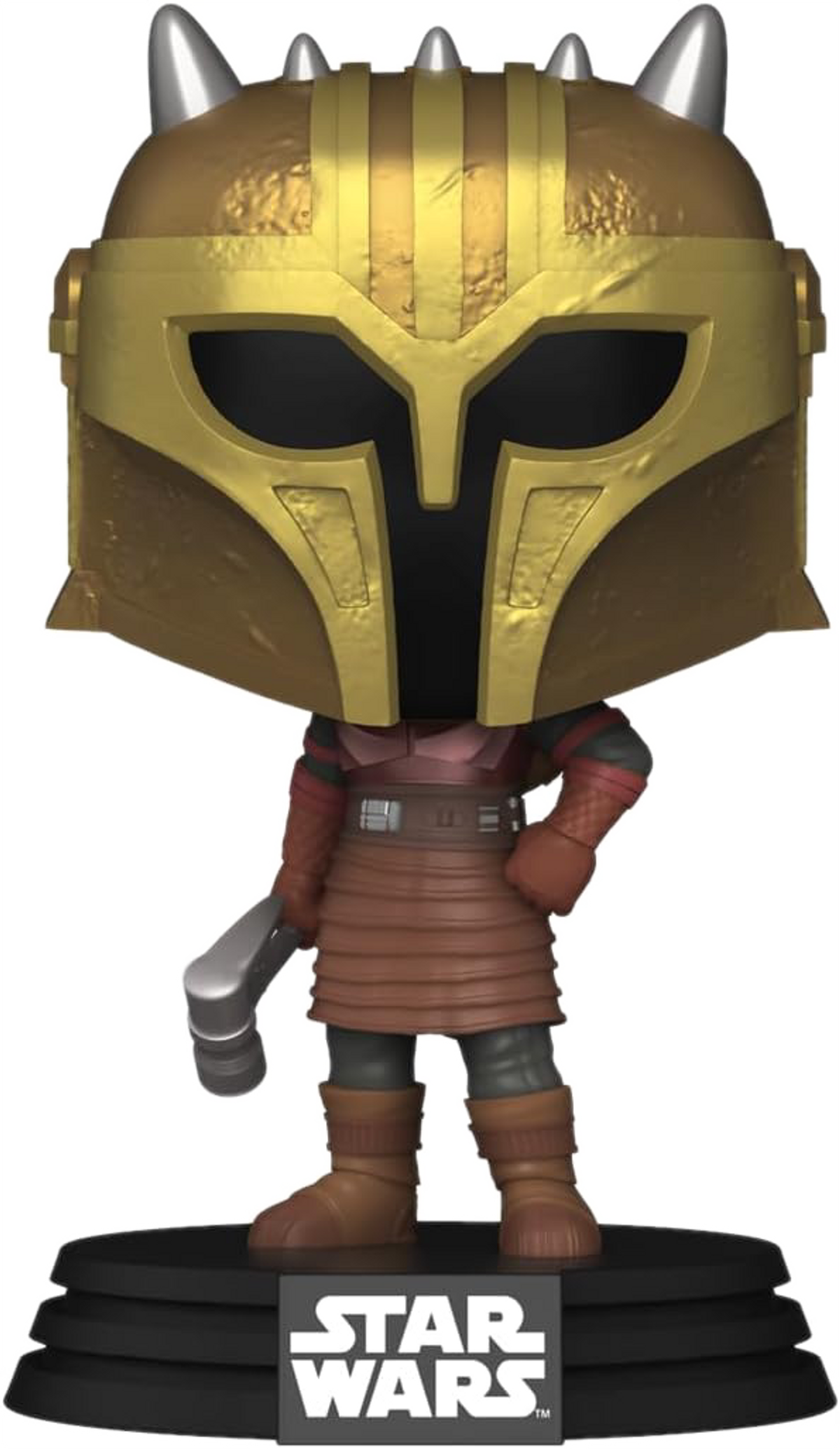 Figura Funko Pop di un personaggio Mandaloriano in armatura oro e marrone, su un supporto.