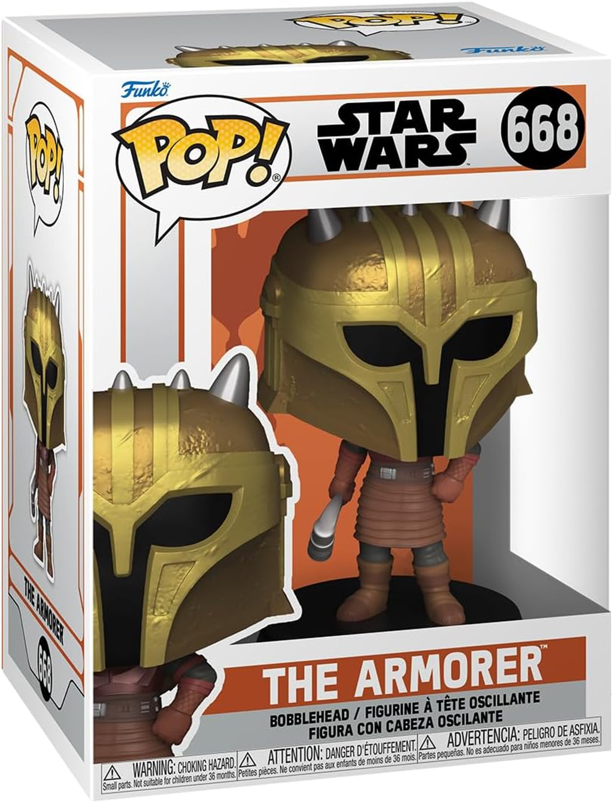 Una figura Funko Pop! di The Armorer di Star Wars, in una scatola.