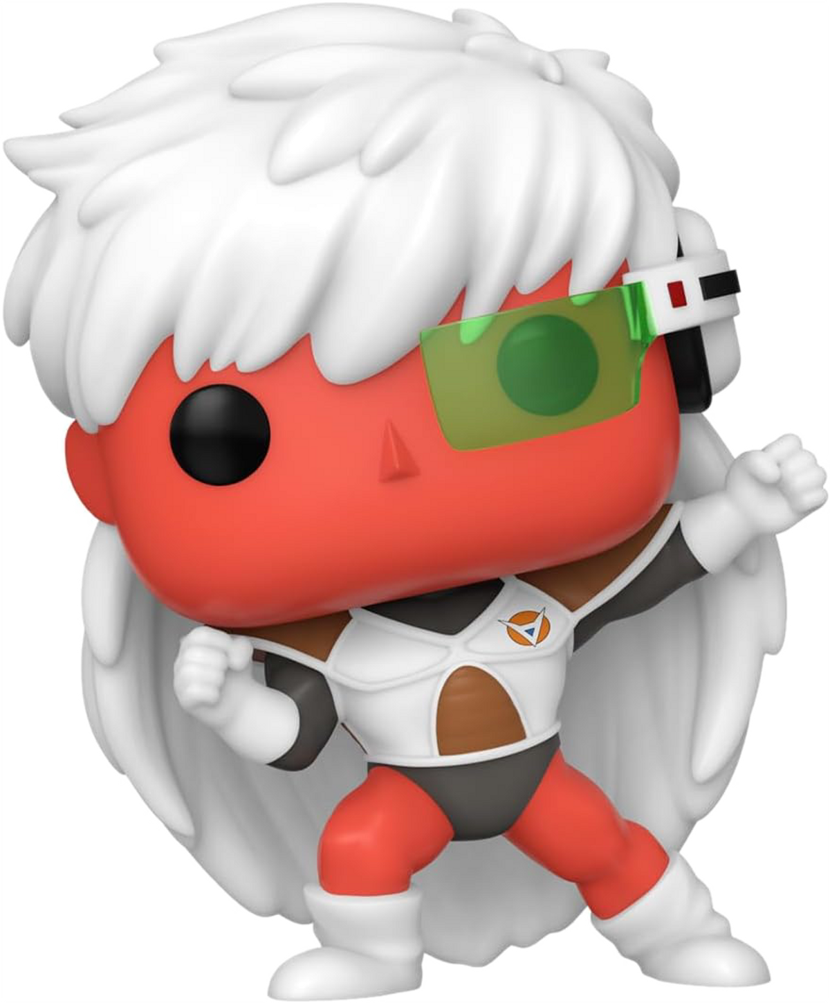 Una figura Funko Pop di un personaggio dalla pelle rossa con capelli bianchi, armatura e occhiali.