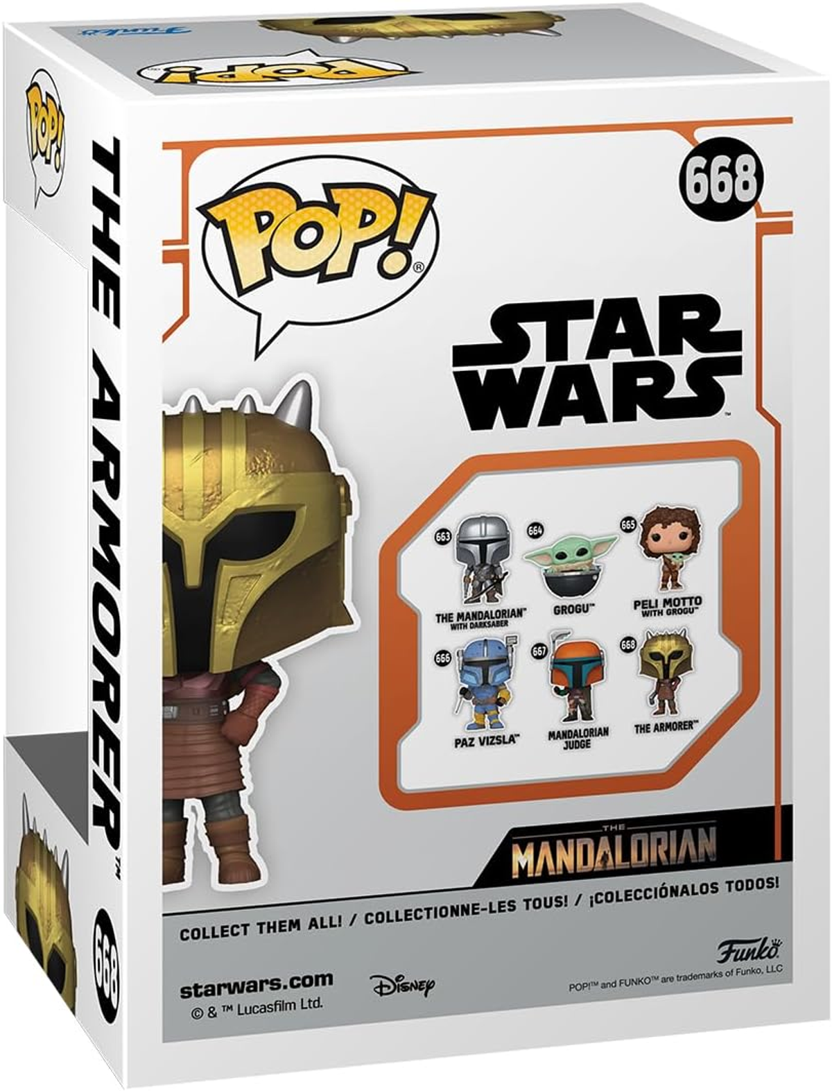 Scatola Funko Pop di The Mandalorian. L'Armaiola è raffigurata sulla scatola. Loghi Star Wars e Funko visibili.