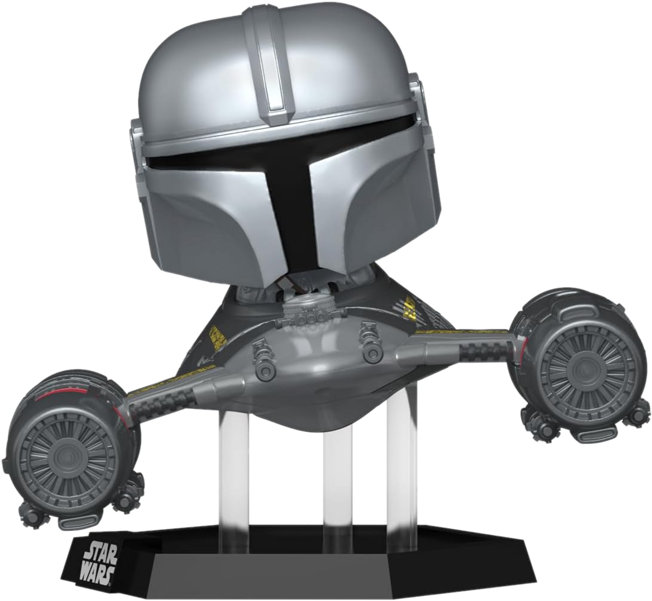 Figura Funko Pop de Star Wars Mandalorian, de pie sobre una base negra.