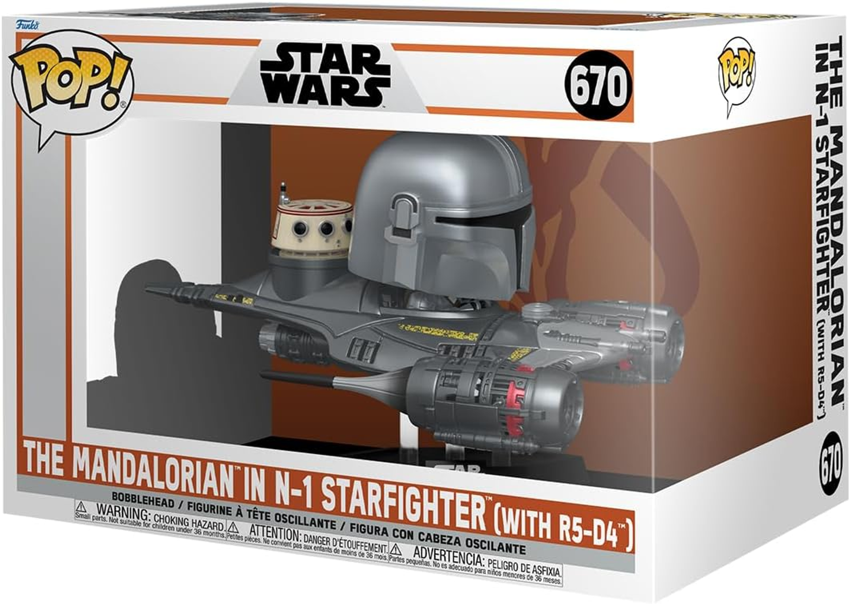 Juguete en caja de Star Wars Mandalorian N-1 Starfighter. Nave plateada con casco, R5-D4. Caja con logo Star Wars.