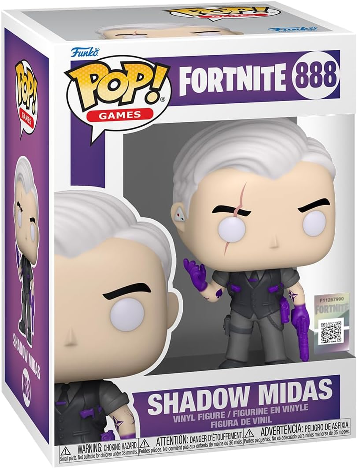 Funko Pop Figur von Shadow Midas, einem Fortnite-Charakter, in einer Display-Box.