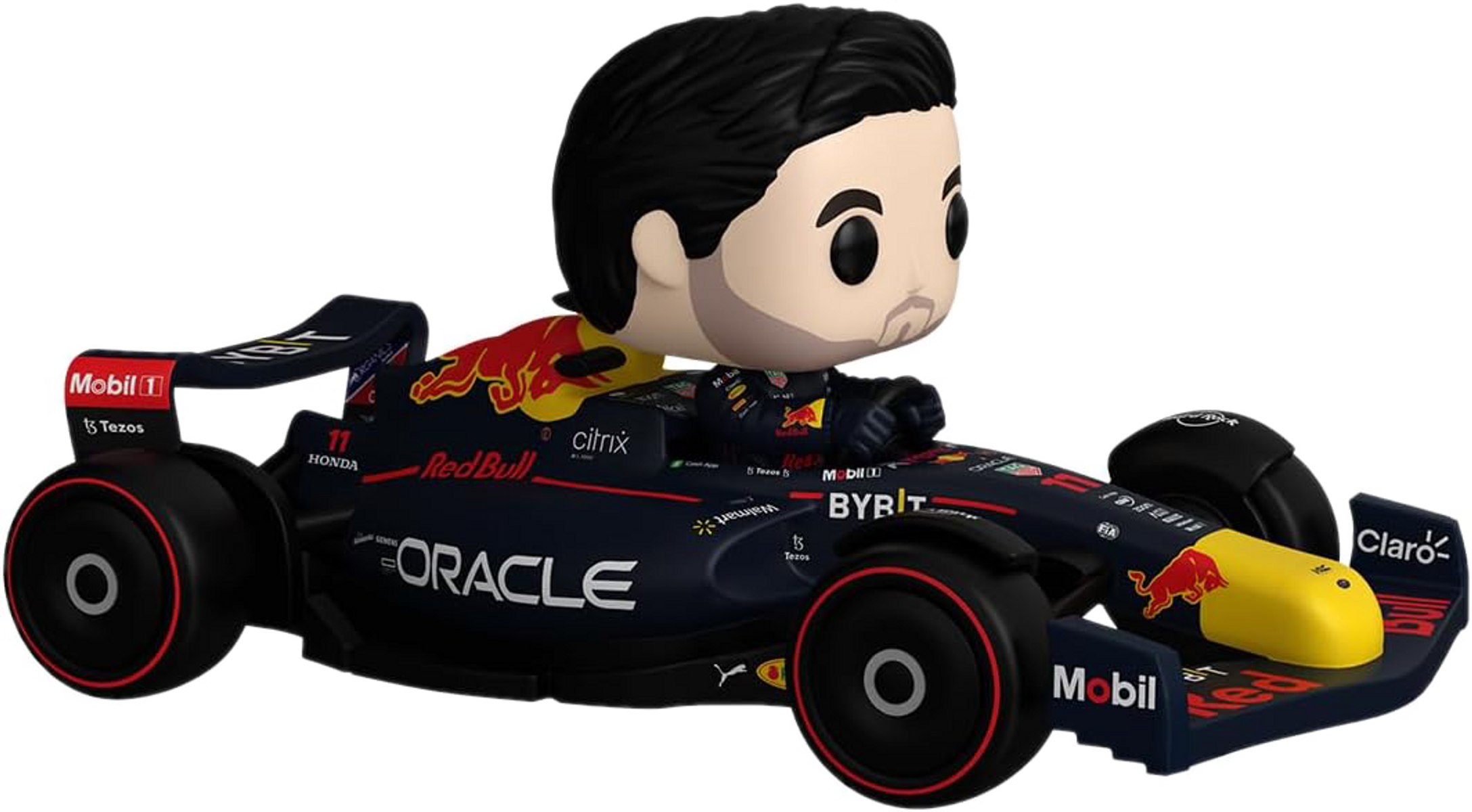 Funko Pop di un pilota di F1 su una macchina da corsa Red Bull. Auto nera e rossa con loghi Oracle, Honda e Mobil 1.