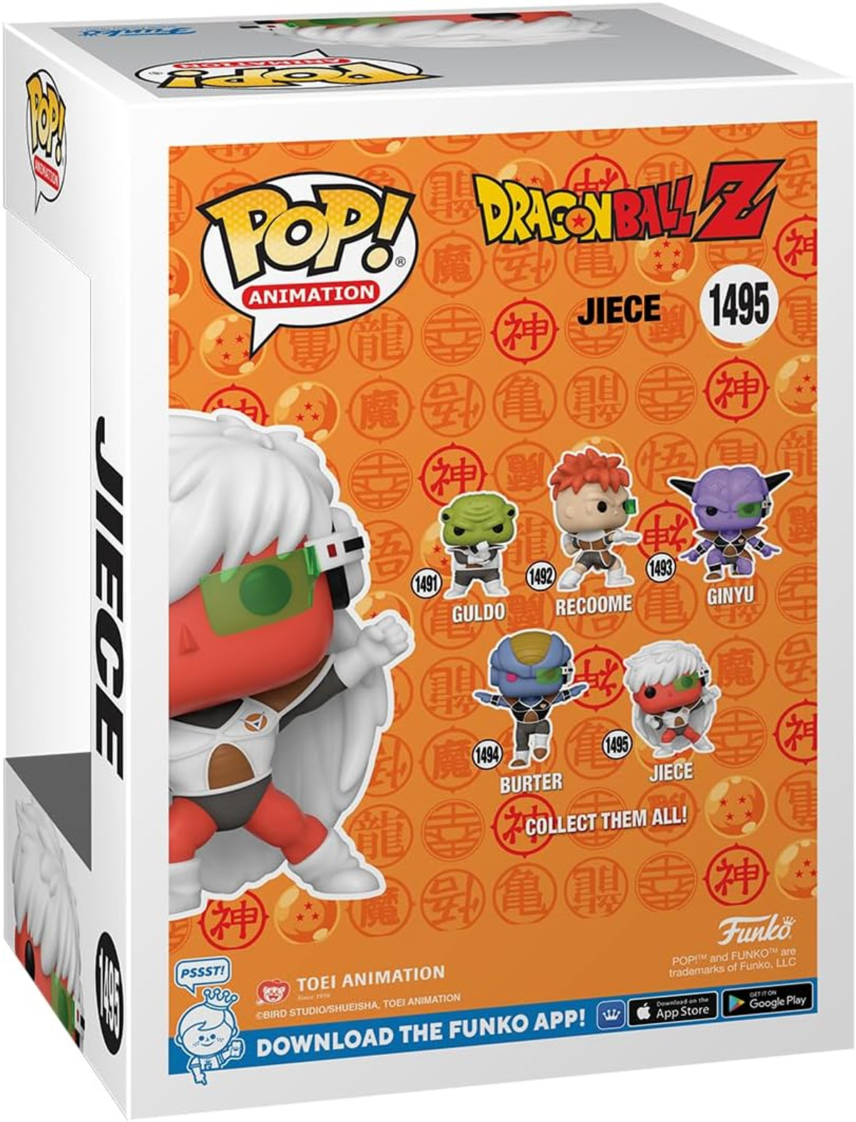 Una scatola Funko Pop di un personaggio di Dragon Ball Z, Jeice. La scatola è arancione e bianca.