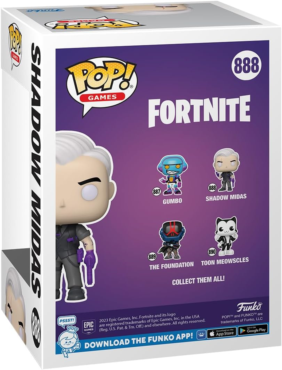 Funko Pop-Box mit einer Figur. Zeigt Shadow Midas Figur und andere Fortnite-Charaktere.