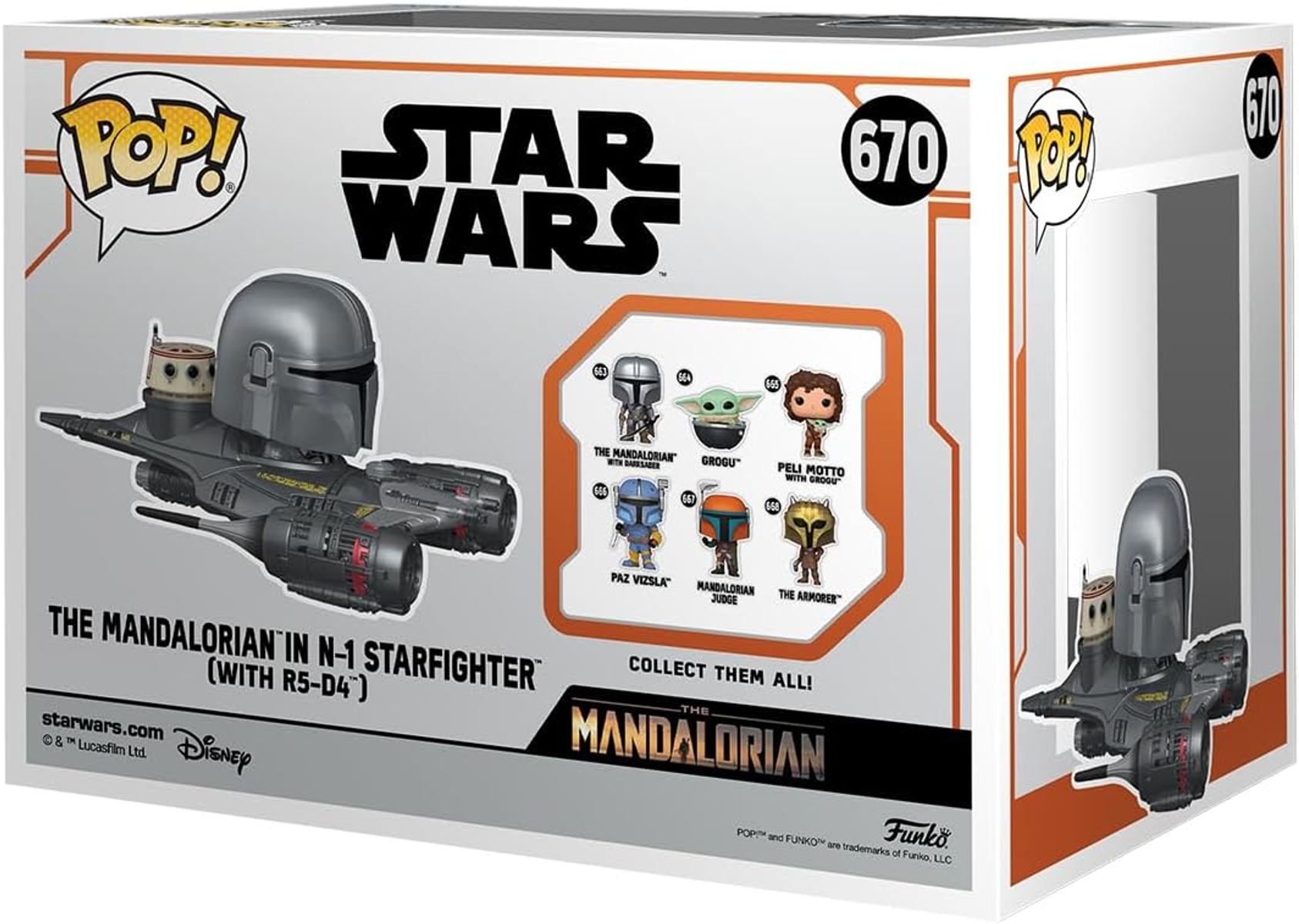 Parte trasera de una caja de Star Wars. Muestra al Mandaloriano en N-1 Starfighter con figuras.