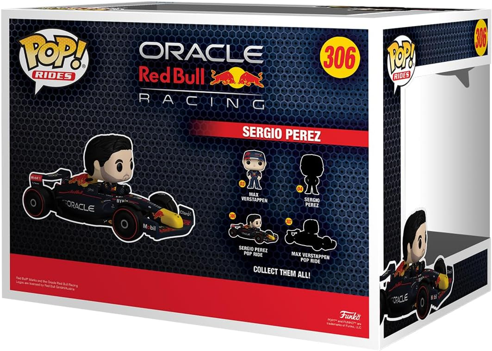 Una scatola Funko Pop con il team Oracle Red Bull Racing. Sergio Perez è in evidenza.