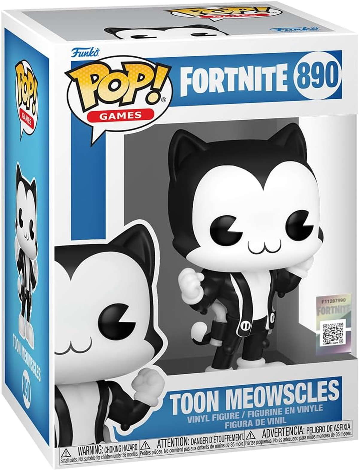 Eine Fortnite Toon Meowscles Funko Pop Figur in ihrer Box, mit Vorder- und Seitenansicht.