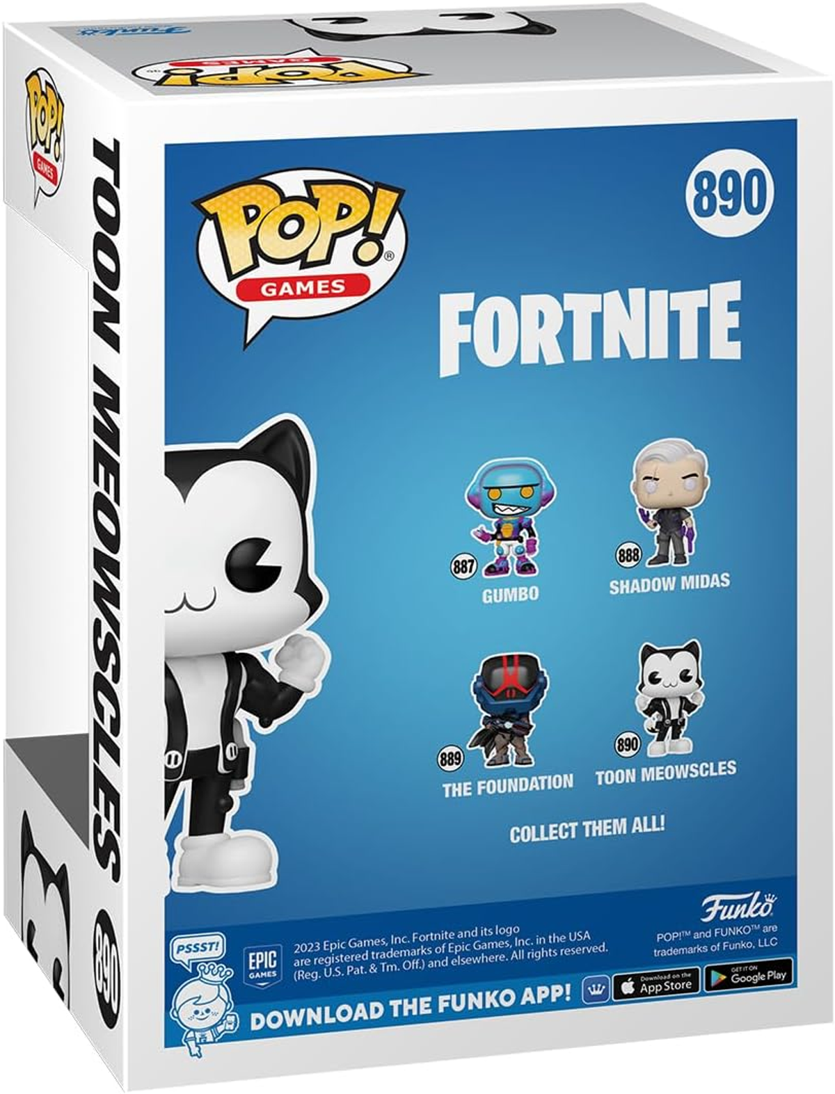 Funko Pop! Box mit Fortnite-Charakteren. Mit Toon Meowscles, Gumbo, Shadow Midas und The Foundation.