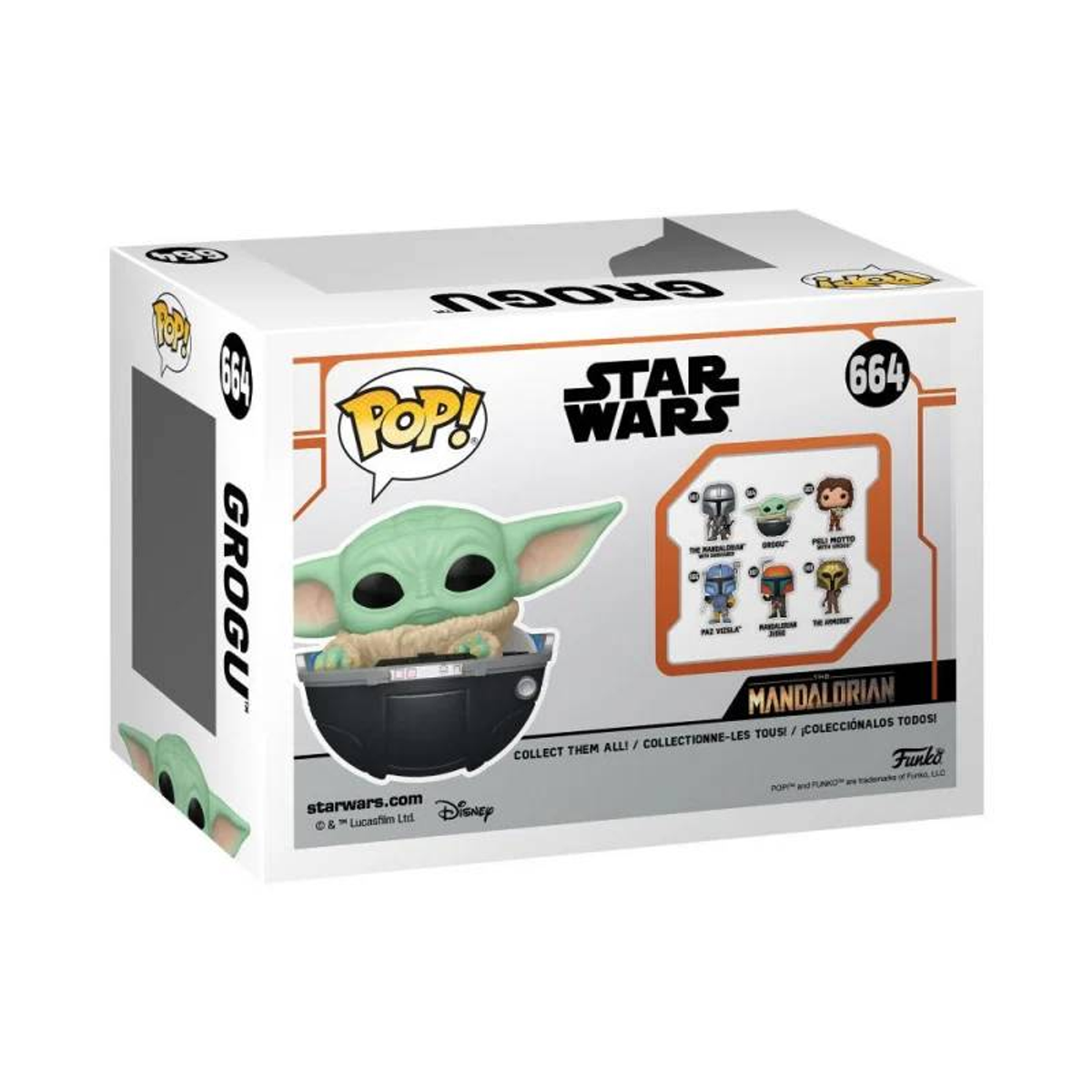 Caja Funko Pop de Grogu. Figura de Grogu en cápsula negra, marca Star Wars e imágenes.