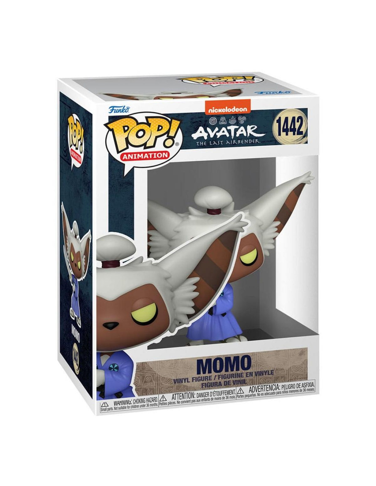 Funko Pop von Momo aus Avatar, The Last Airbender, in einer Box. Weißer Hintergrund.